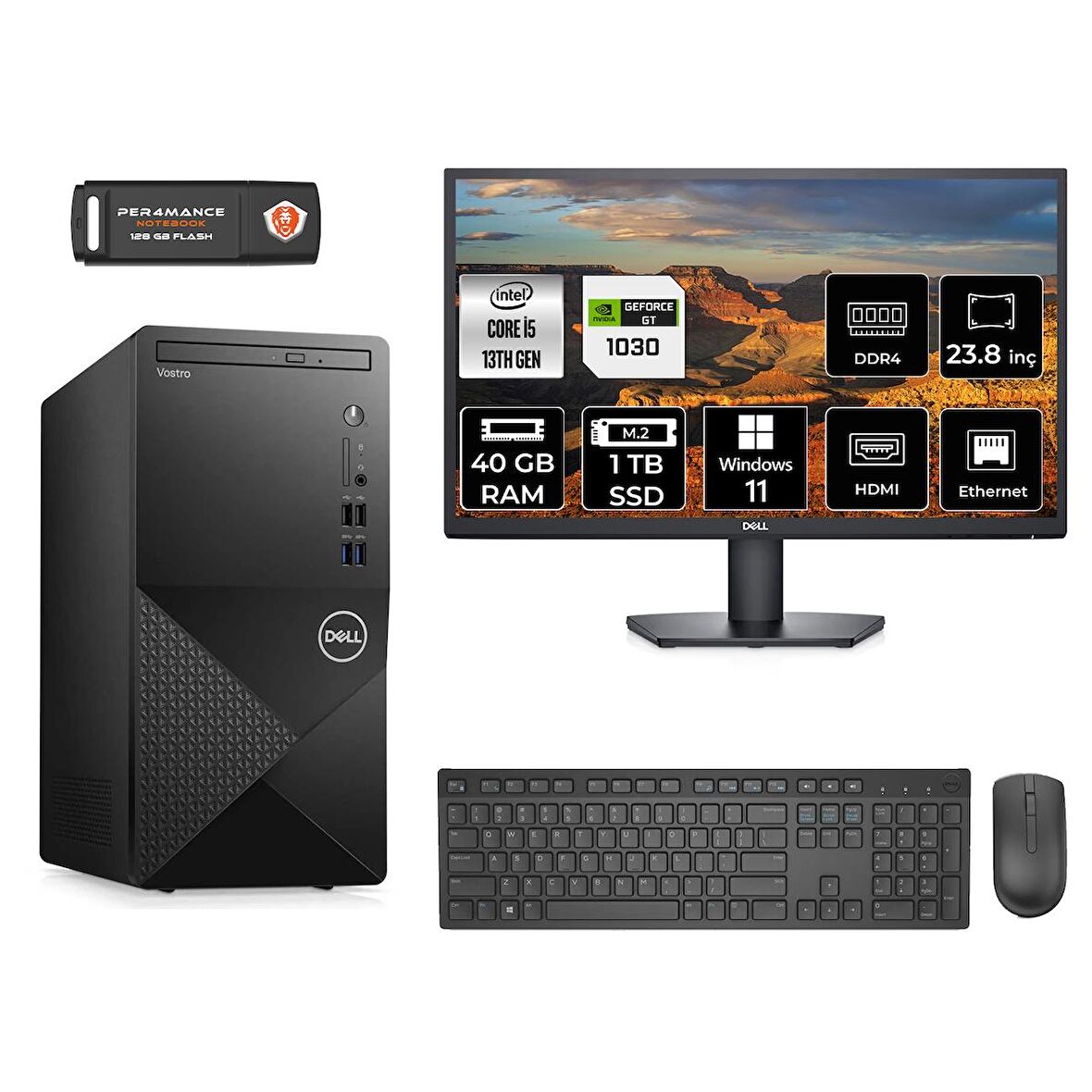 Dell Vostro 3020 i5 13400 40GB 1TB SSD GT1030/4GB W11P N2046VDT3020MTU MASAÜSTÜ PC & 23.8" MONİTÖR