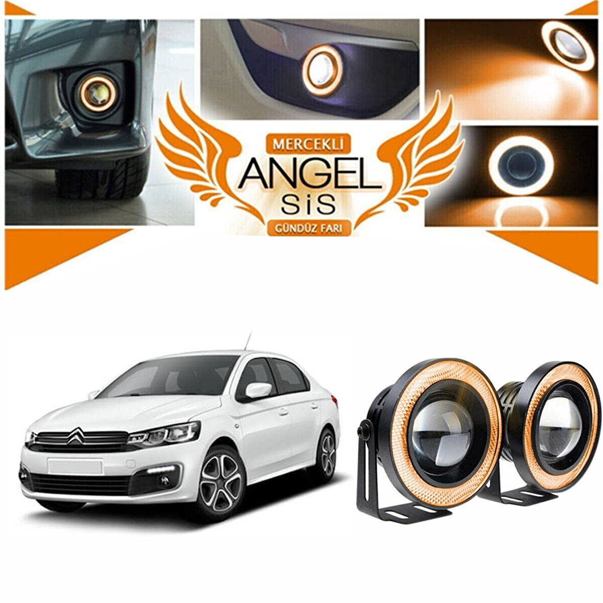 Citroen C Elysee Uyumlu, Universal Mercekli Led Angel Sis Farı, 76mm Turuncu Renk