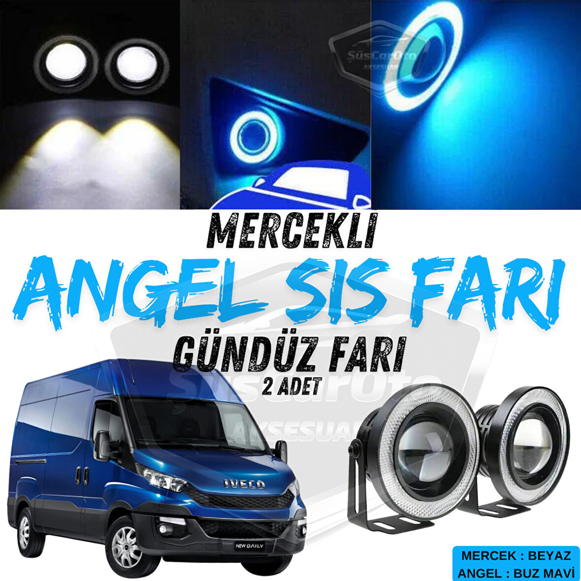 Iveco Daily Uyumlu Üniversal Mercekli Angel Sis Farı Metal Su Geçirmez 76 mm Buz Mavi Halkalı Gündüz Farı Angel Eyes 2 Adet