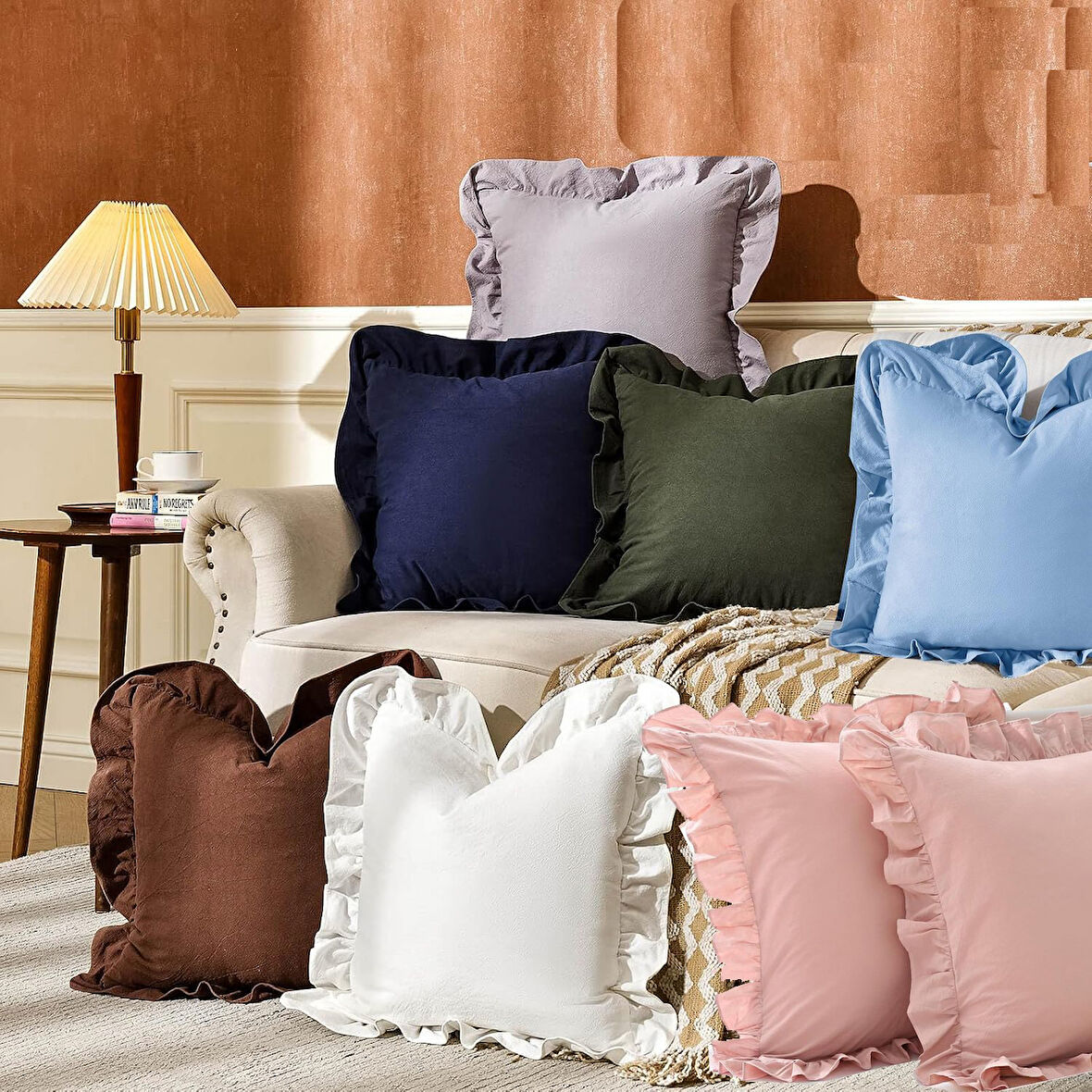 Fırfırlı 2'li Paket Kırlent Kılıfı Kadifemsi, Leke tutmaz, boho veya çiftlik evi, etnik, retro ve şık stil 8 Renk
