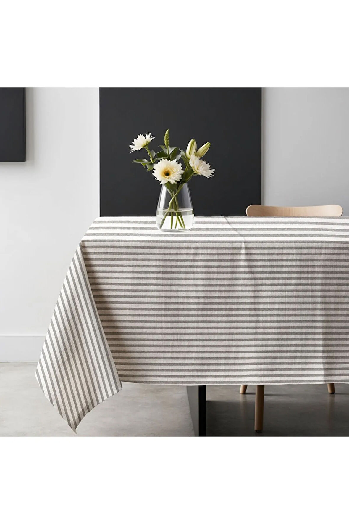 Gri Çizgili Keten Masa Örtüsü