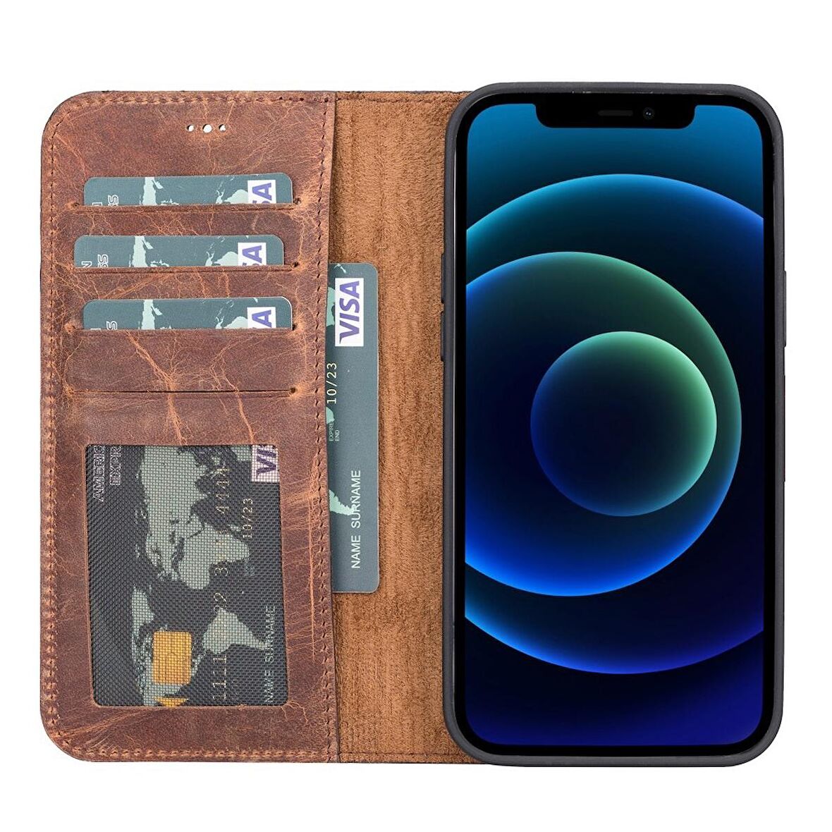 Smcase iPhone 13 Pro Max Kılıf Hakiki Deri 2-1 Kartlıklı Cüzdan