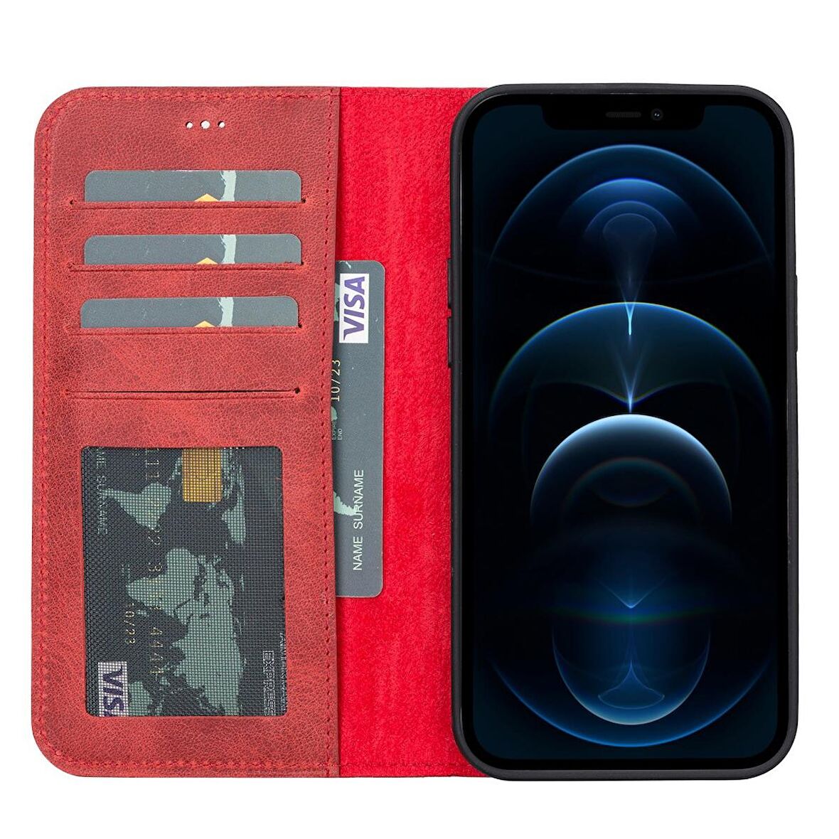 Smcase iPhone 12 Pro Max Kılıf Hakiki Deri 2-1 Kartlıklı Cüzdan
