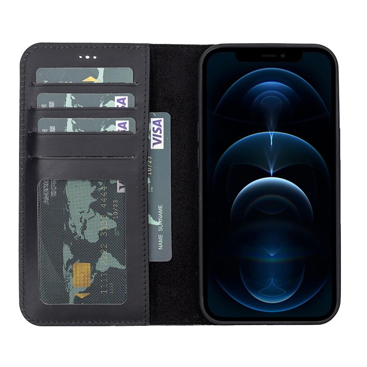 Smcase iPhone 12 Pro Max Kılıf Hakiki Deri 2-1 Kartlıklı Cüzdan
