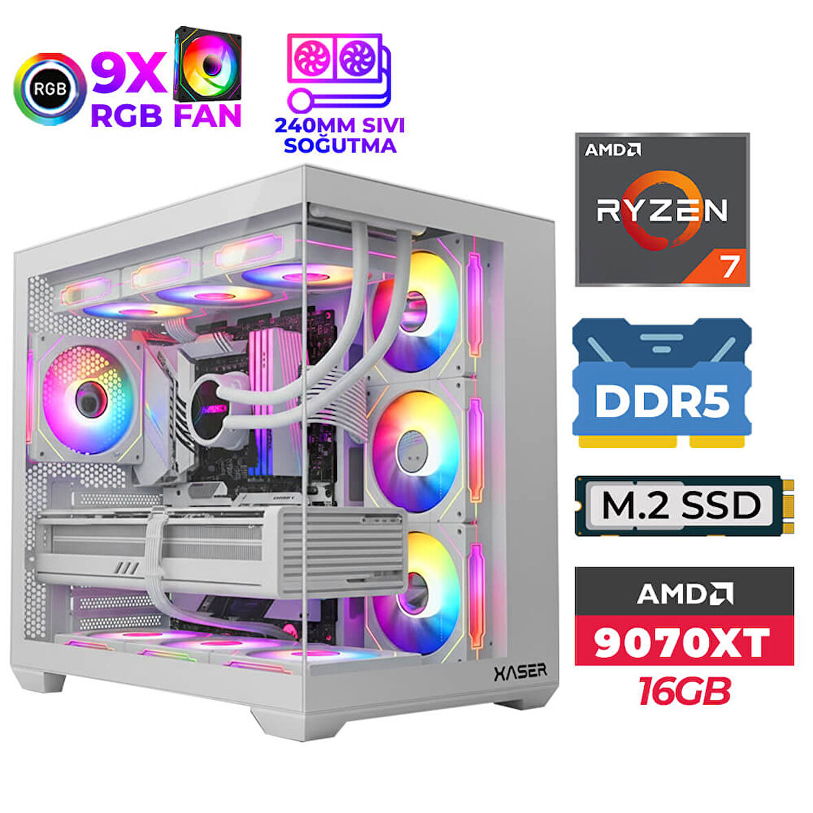 Xaser SovaX160 Ryzen 7 7700 16GB DDR5 Ram 512GB M.2 NVMe SSD 16GB RX9070 XT Sıvı Soğutmalı Masaüstü Oyuncu Bilgisayarı