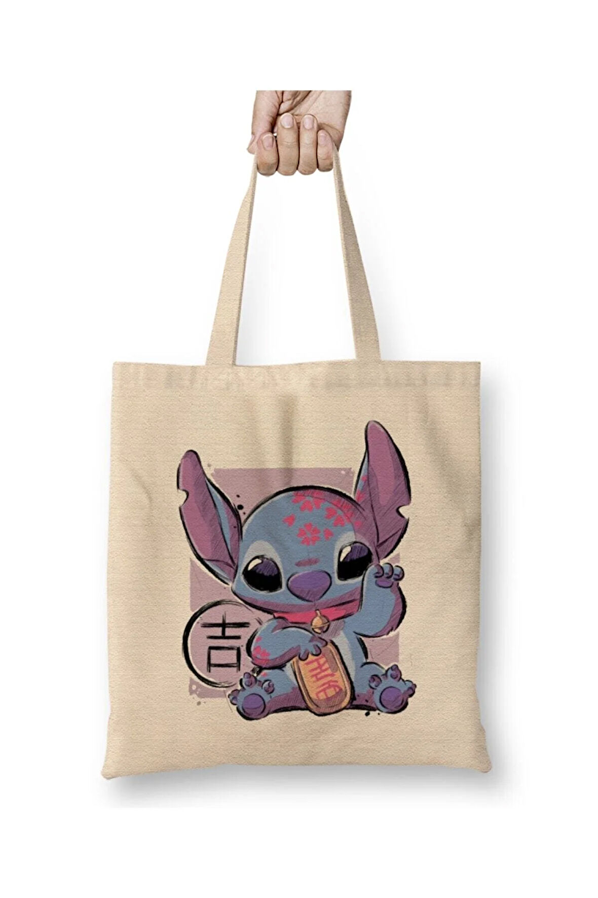 Maneki Stitch Beyaz Bez Çanta Uzun Saplı Alışveriş Çantası Plaj Çantası