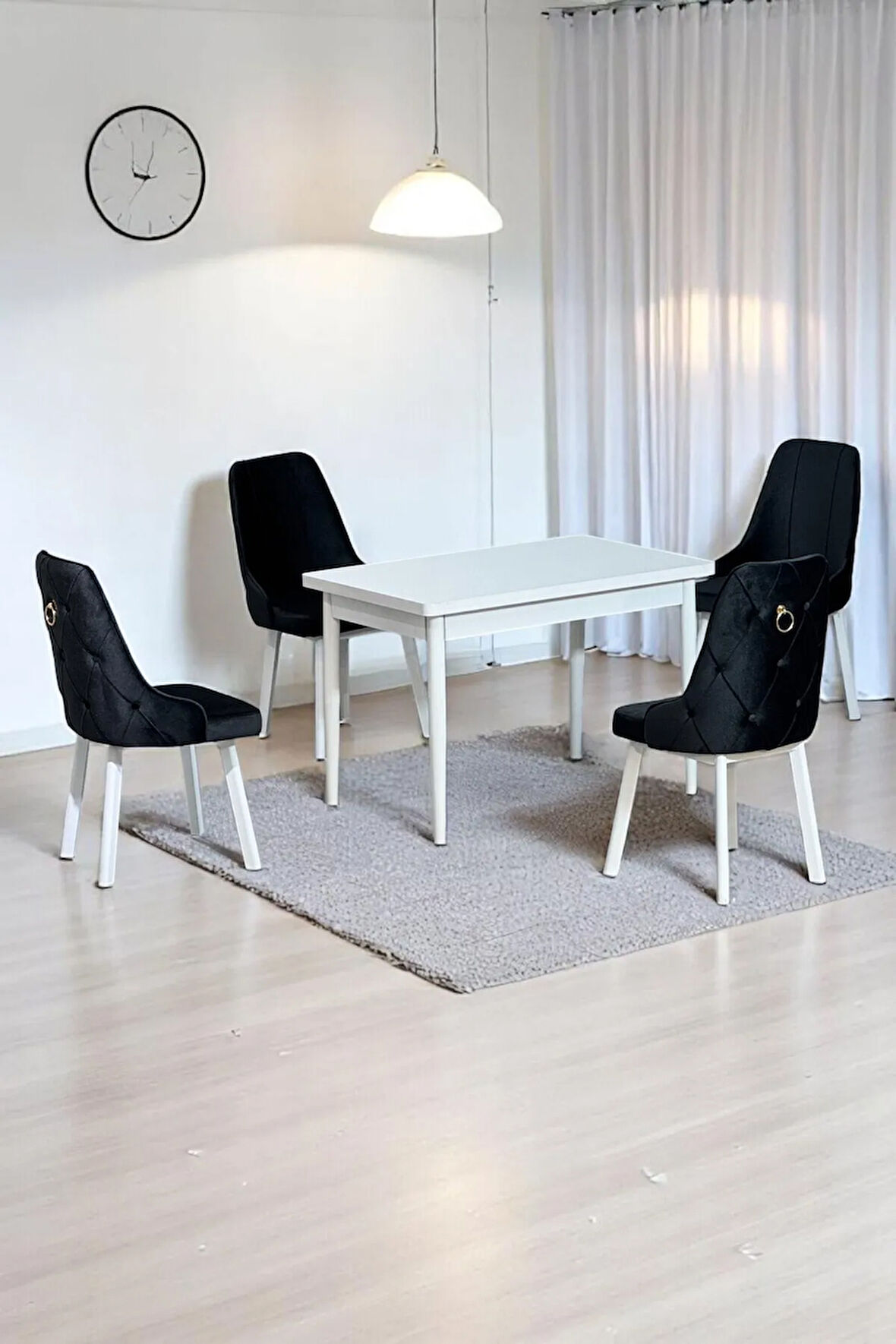 Still Beyaz MDF 70x110 Sabit Mutfak Masası Takımı Beyaz Metal Ayak 4 Antrasit Sandalye