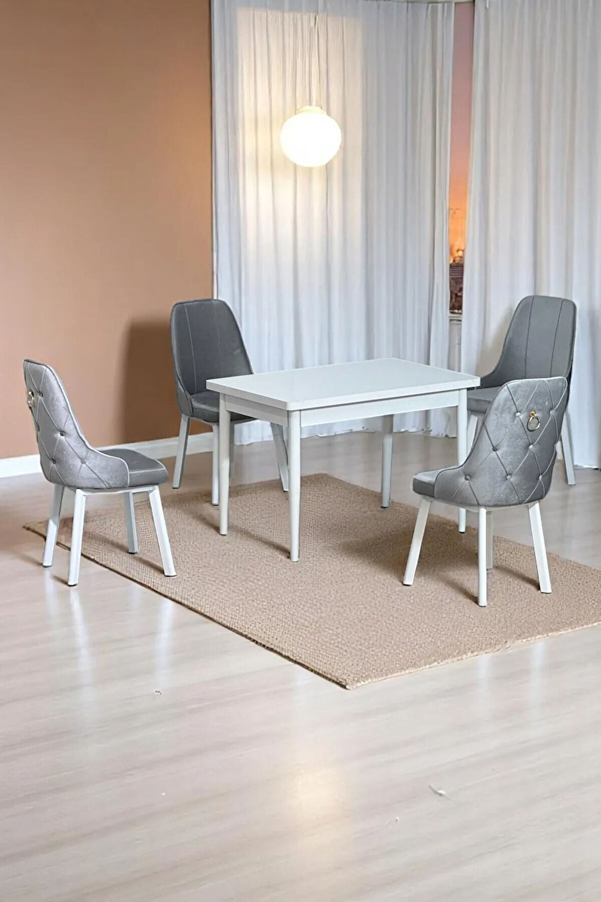 Still Beyaz MDF 70x110 Sabit Mutfak Masası Takımı Beyaz Metal Ayak 4 Gri Sandalye