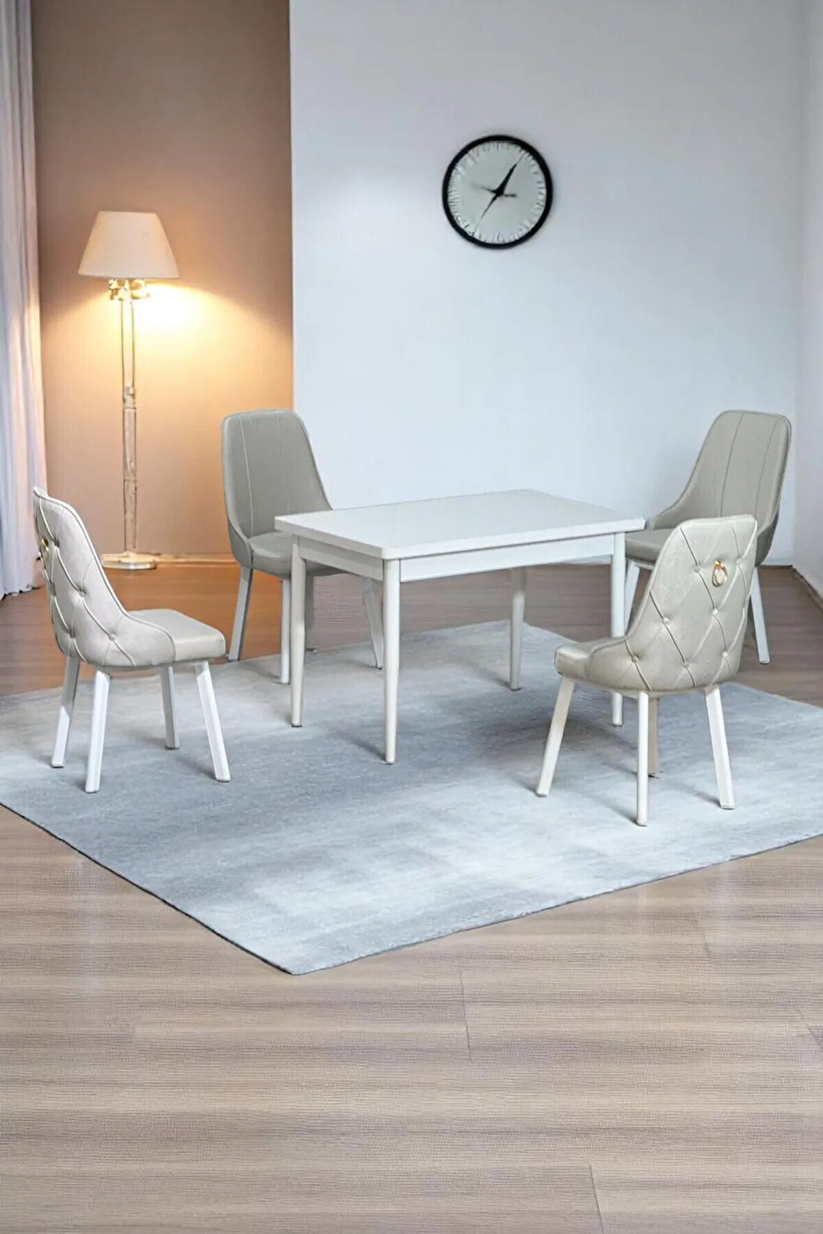 Monera Beyaz 80 x 132 Açılabilen MDF Masa Metal Ayaklı Mutfak Masası Takımı 4 Krem Sandalye