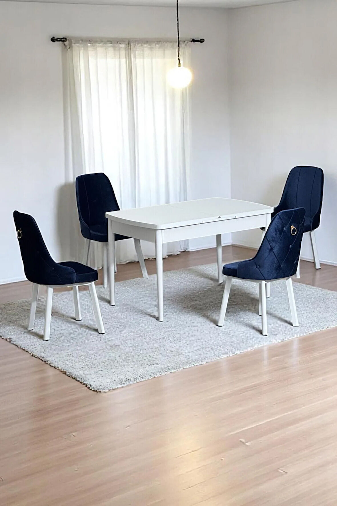 Monera Beyaz 80 x 132 Açılabilen MDF Masa Metal Ayaklı Mutfak Masası Takımı 4 Lacivert Sandalye