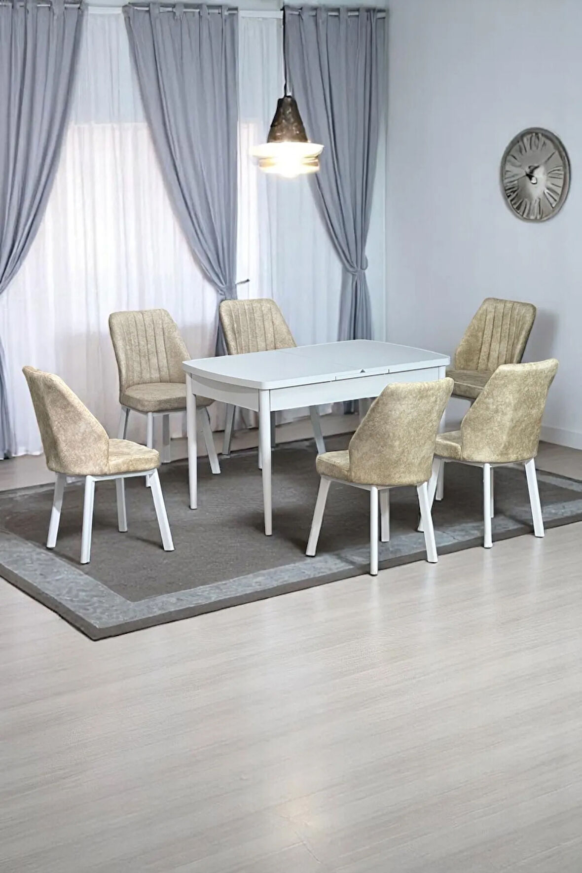 Sera Beyaz 80 x 132 Açılabilen MDF Masa Beyaz Metal Ayaklı Mutfak Masası 6 Krem Desen Sandalye