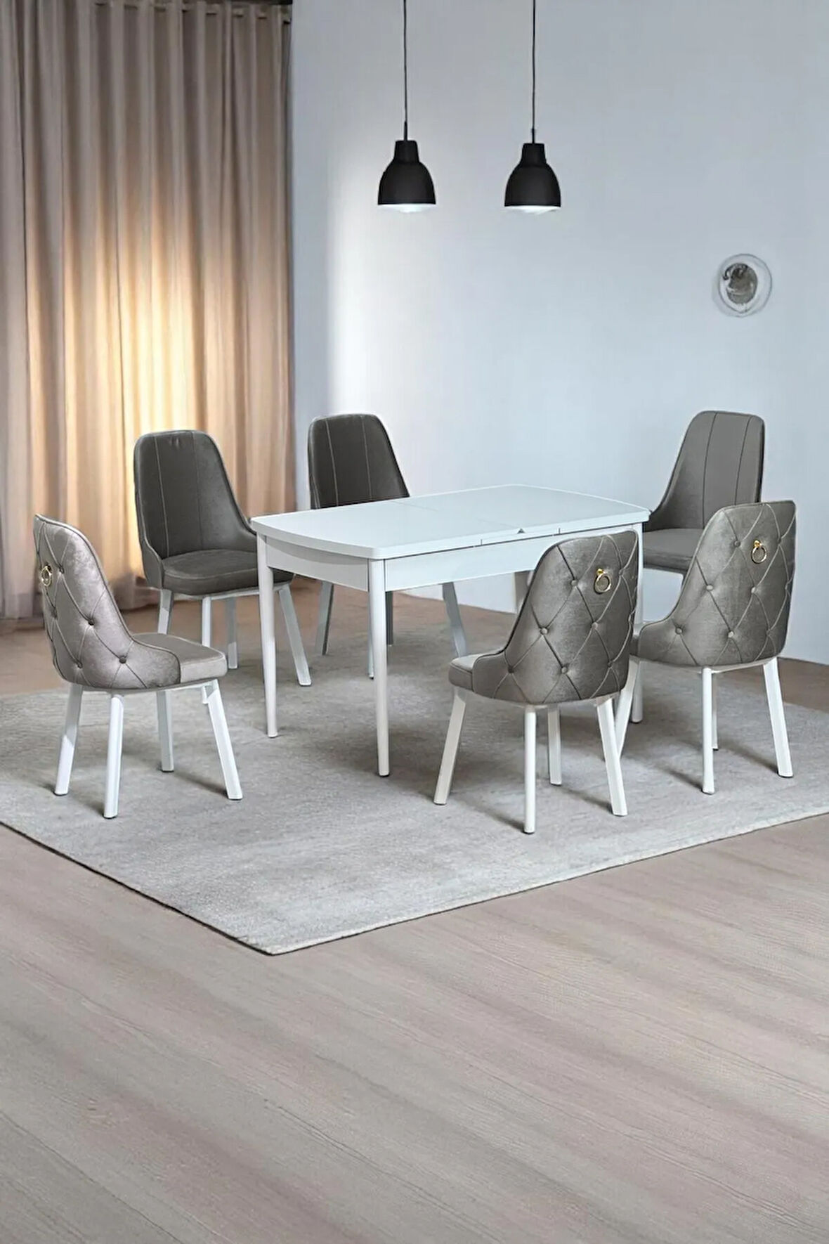 Sonata Beyaz 80 x 132 Açılabilen MDF Masa Metal Ayaklı Mutfak Masası Takımı 6 Cappucino Sandalye