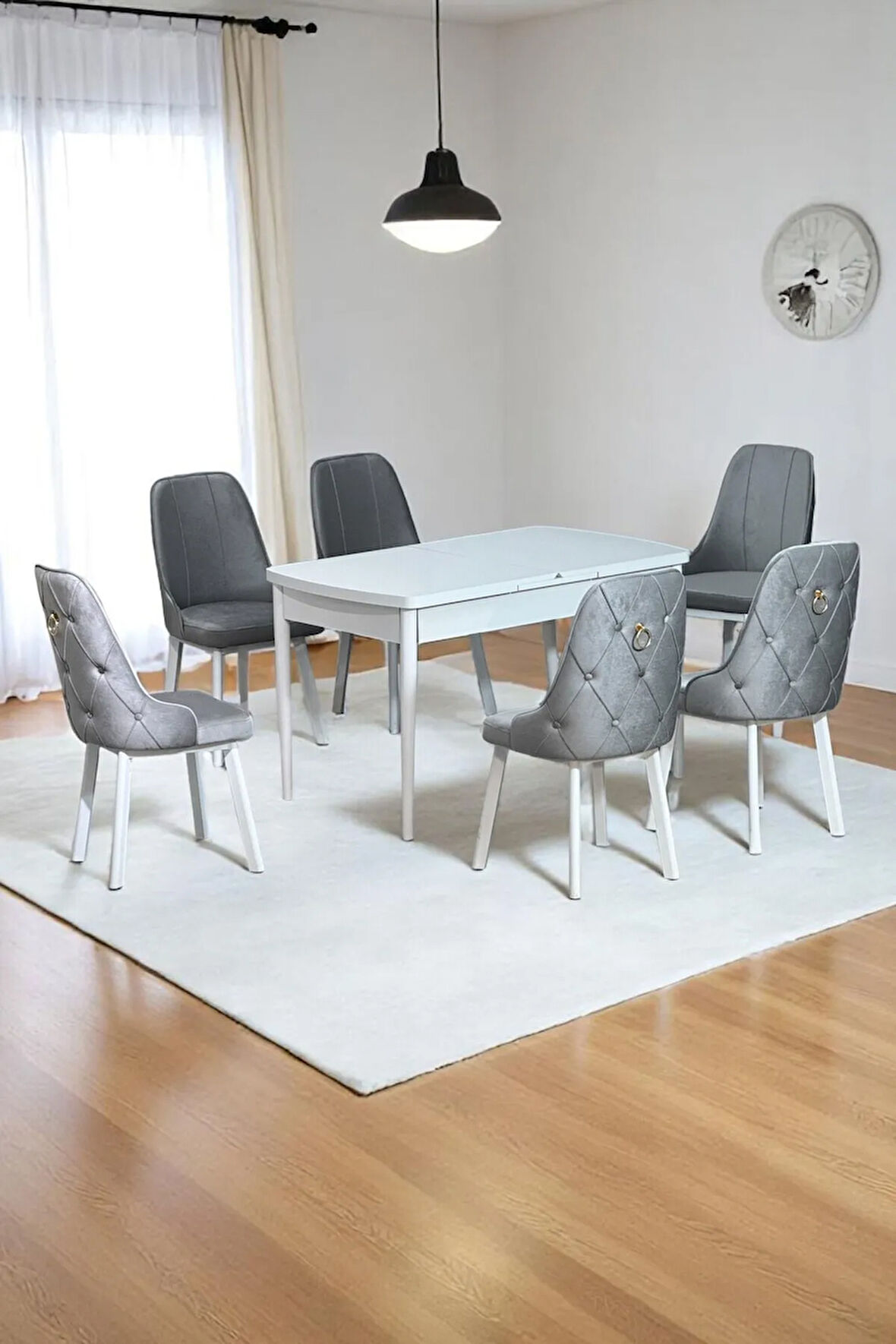 Sonata Beyaz 80 x 132 Açılabilen MDF Masa Metal Ayaklı Mutfak Masası Takımı 6 Gri Sandalye