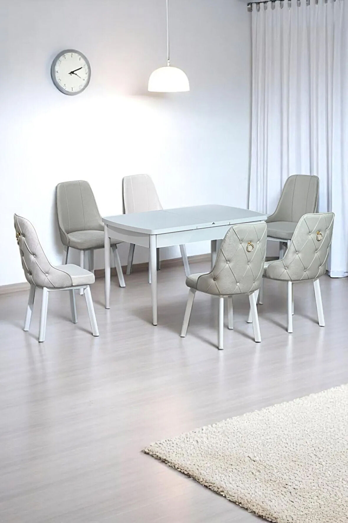 Sonata Beyaz 80 x 132 Açılabilen MDF Masa Metal Ayaklı Mutfak Masası Takımı 6 Krem Sandalye