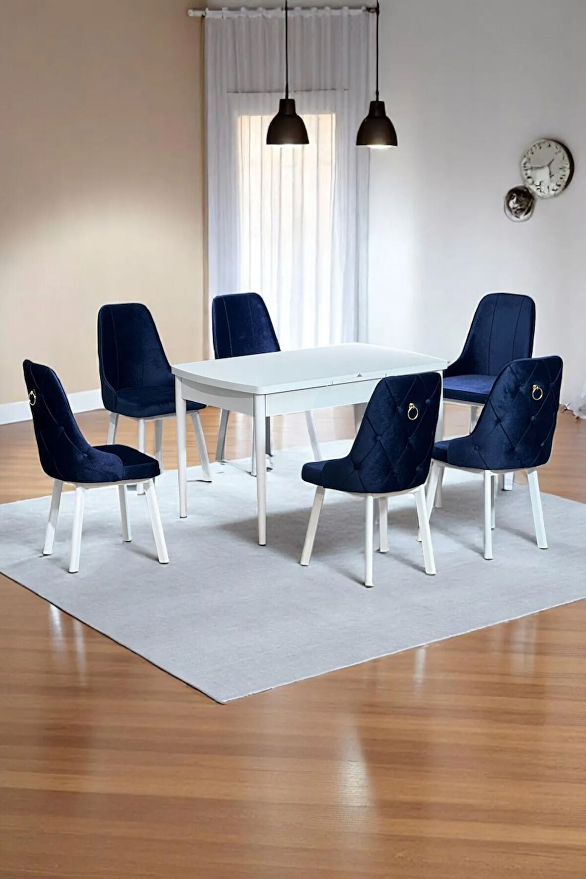 Sonata Beyaz 80 x 132 Açılabilen MDF Masa Metal Ayaklı Mutfak Masası Takımı 6 Lacivert Sandalye