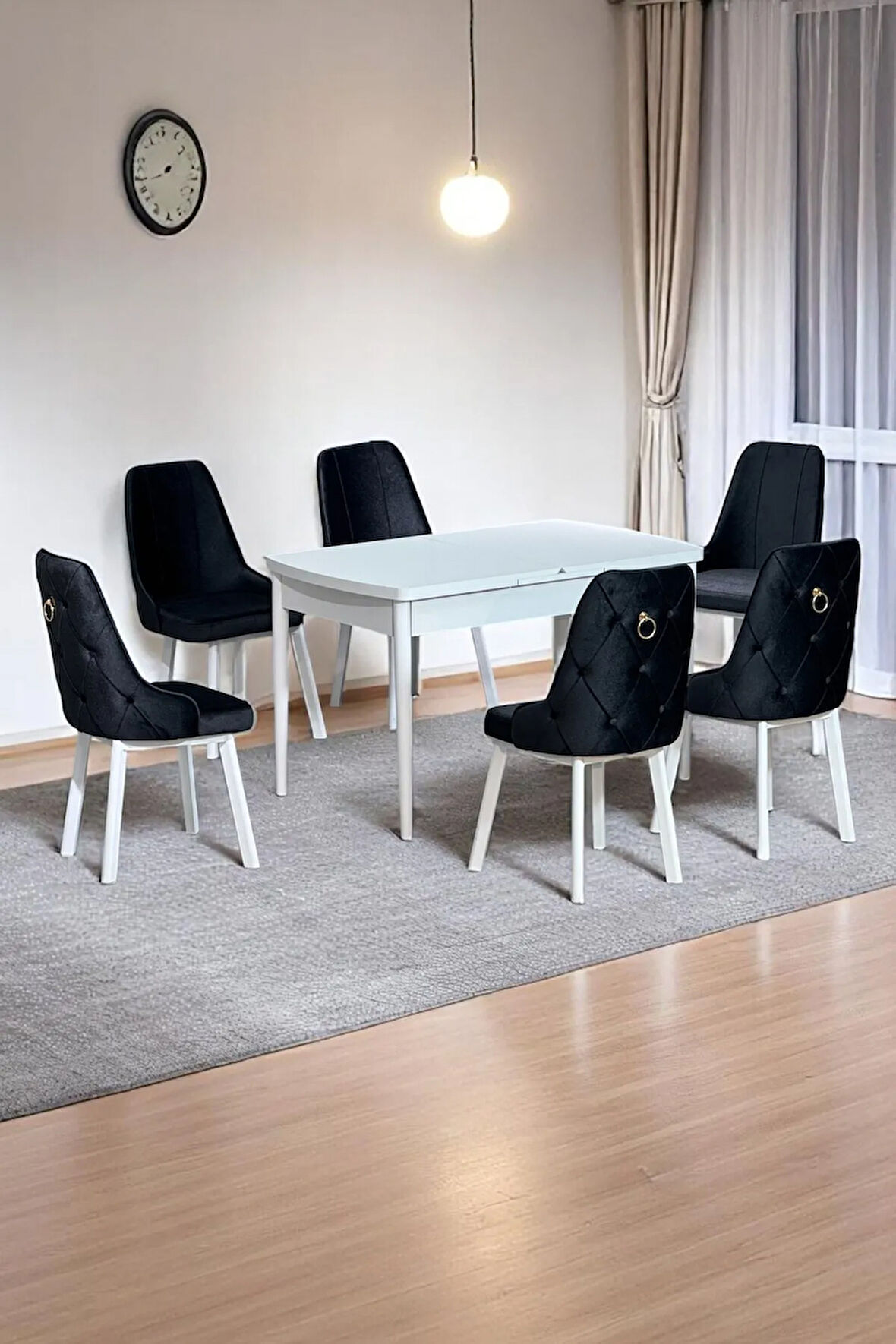 Sonata Beyaz 80 x 132 Açılabilen MDF Masa Metal Ayaklı Mutfak Masası Takımı Siyah Sandalye