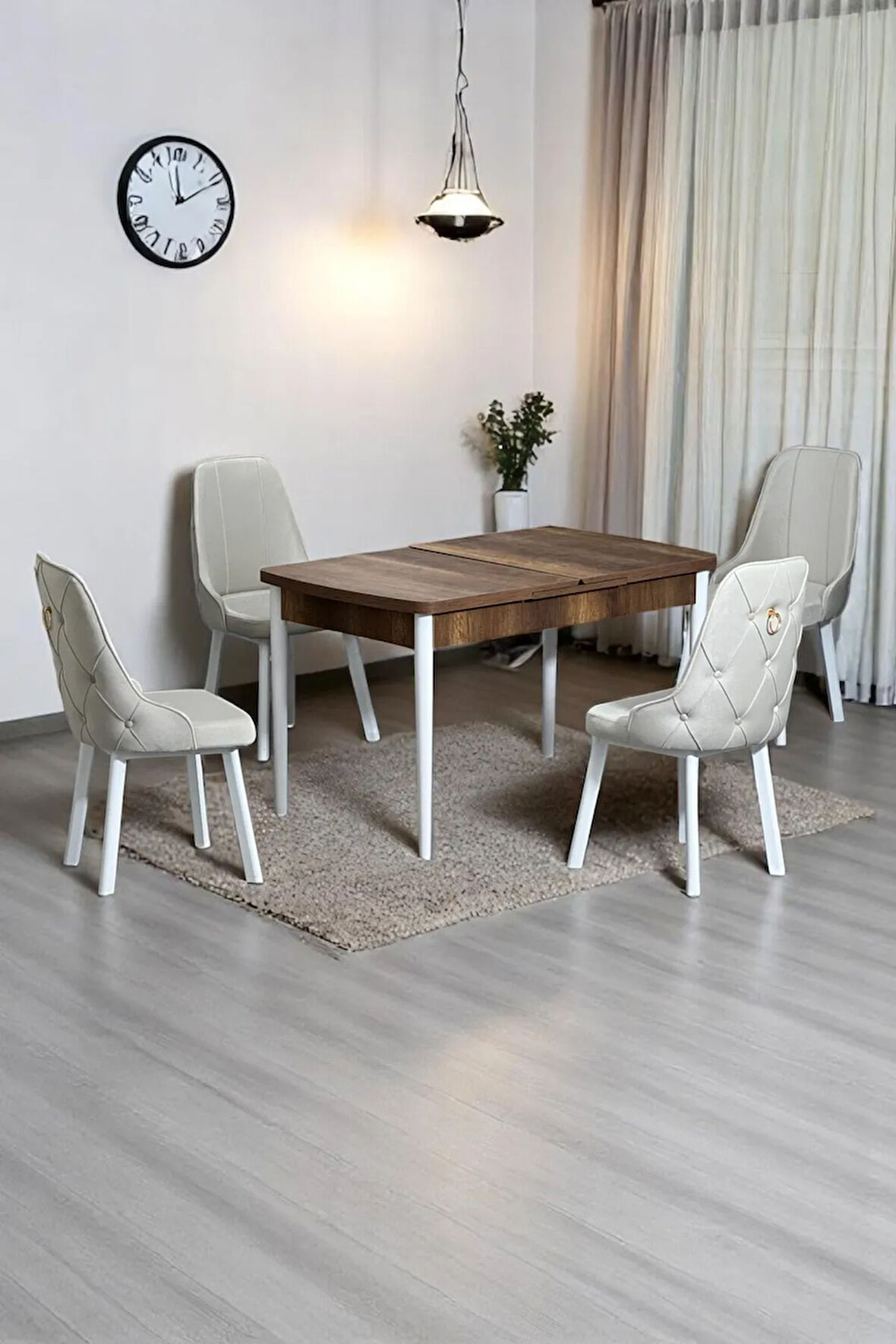 Monera Ceviz 80 x 132 Açılabilen MDF Masa Metal Ayaklı Mutfak Masası Takımı 4 Krem Sandalye