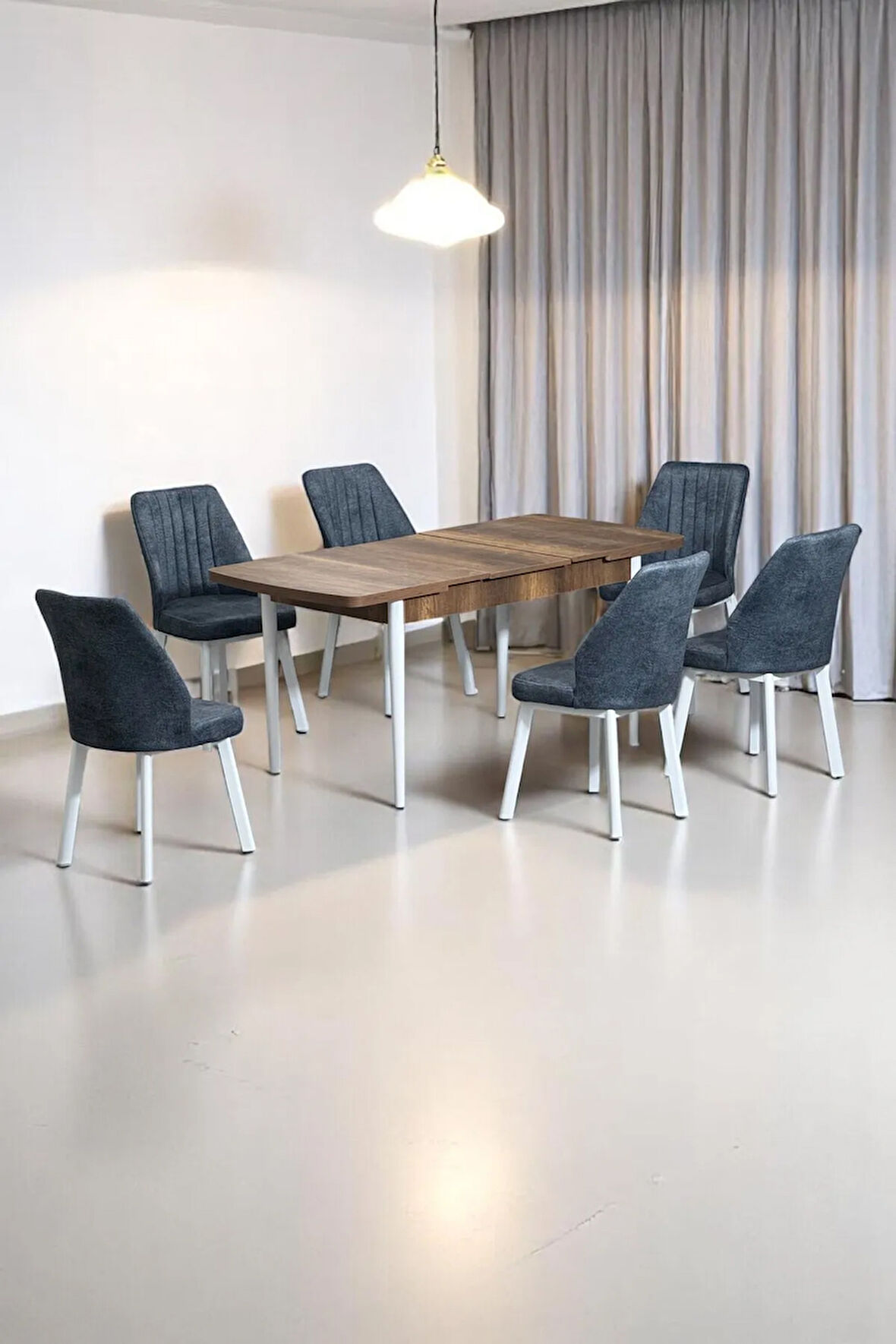 Sera Ceviz 80 x 132 Açılabilen MDF Masa Beyaz Metal Ayaklı Mutfak Masası 6 Kot Füme Sandalye