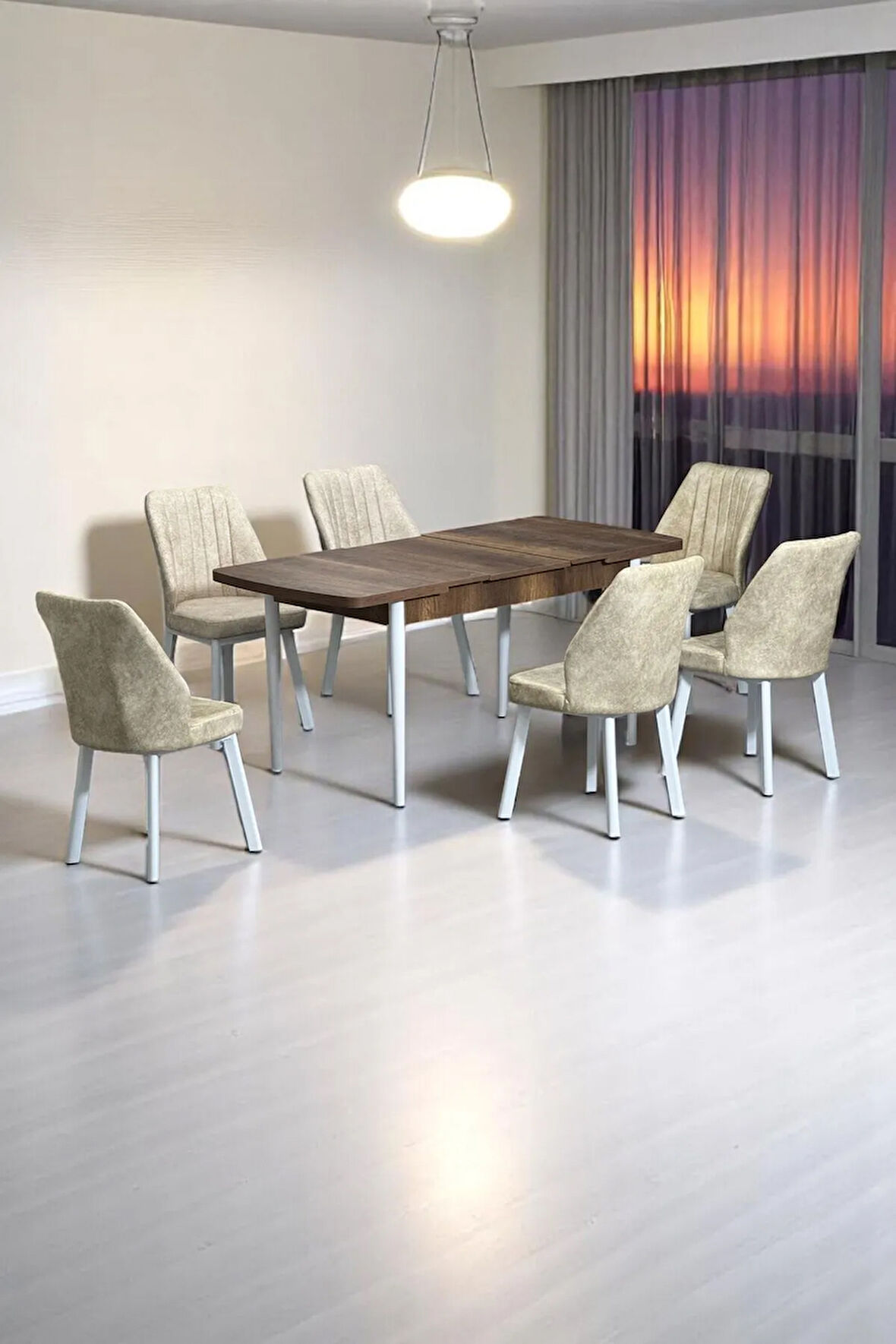 Sera Ceviz 80 x 132 Açılabilen MDF Masa Beyaz Metal Ayaklı Mutfak Masası 6 Krem Sandalye