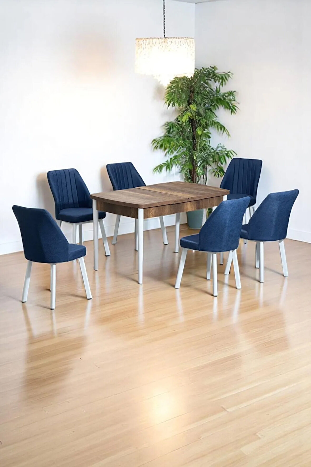 Sera Ceviz 80 x 132 Açılabilen MDF Masa Beyaz Metal Ayaklı Mutfak Masası 6 Lacivert Sandalye