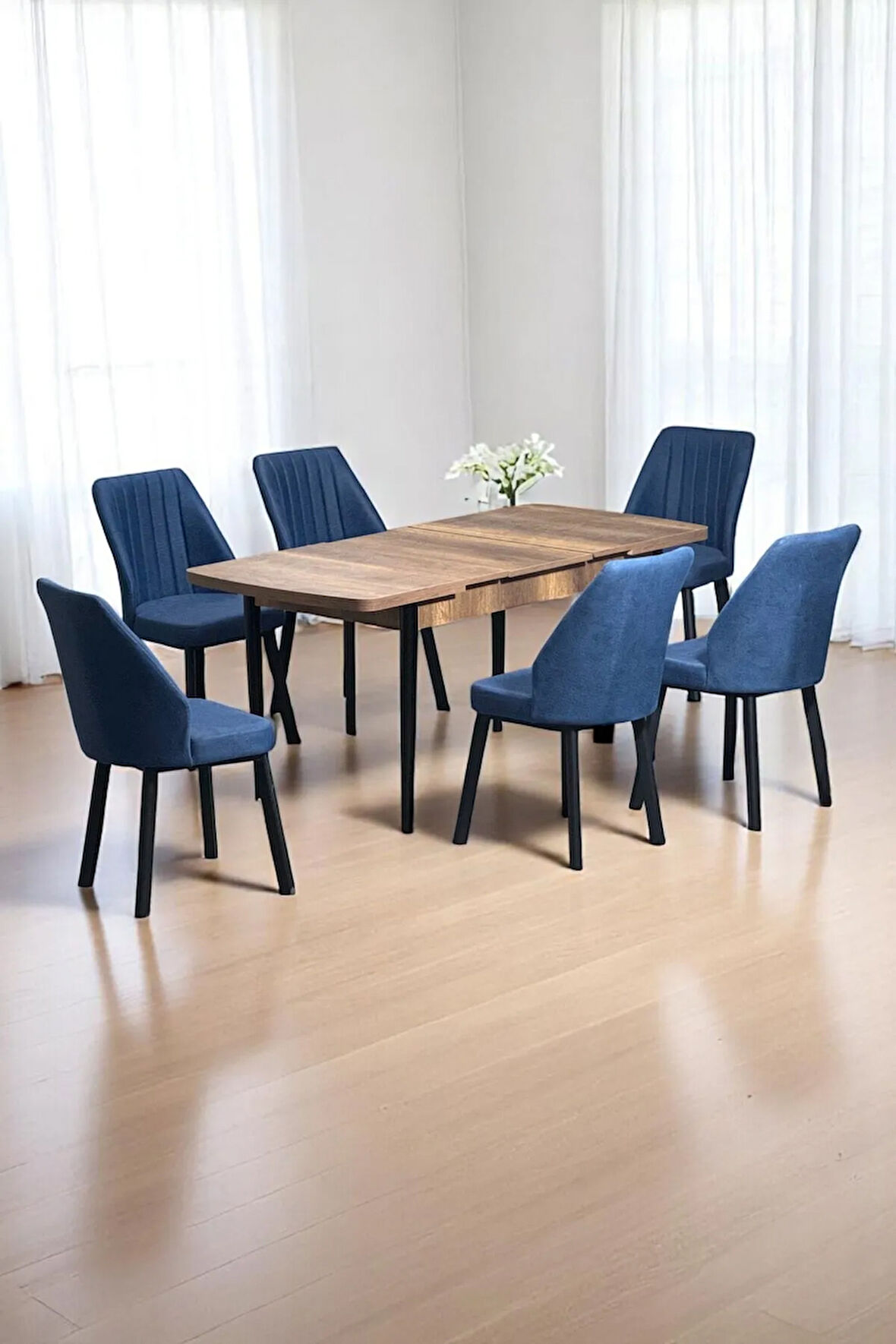 Luna Ceviz 80 x 132 Açılabilen MDF Masa Siyah Metal Ayaklı Mutfak Masası 6 Lacivert Sandalye