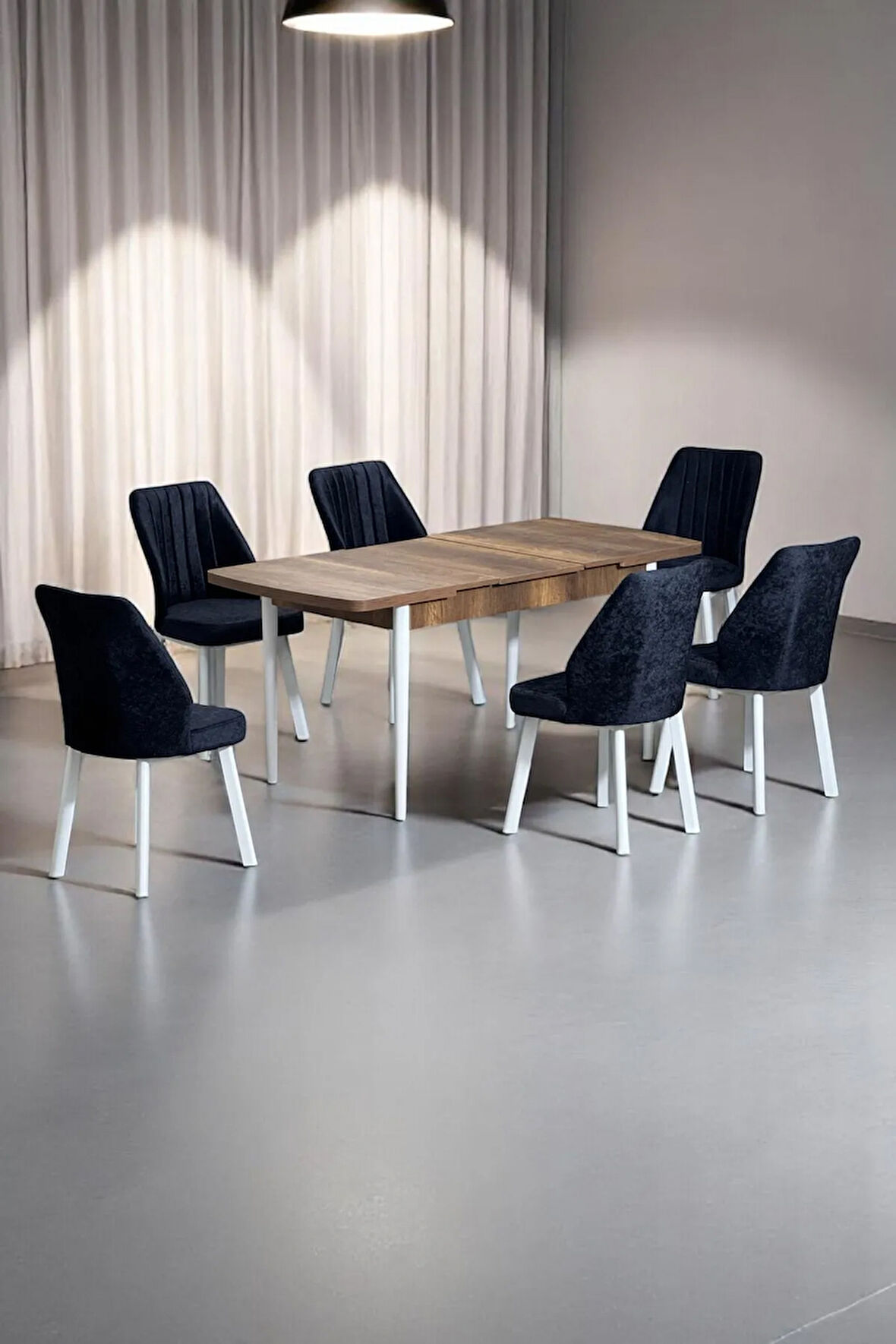 Sera Ceviz 80 x 132 Açılabilen MDF Masa Beyaz Metal Ayaklı Mutfak Masası 6 Siyah Sandalye