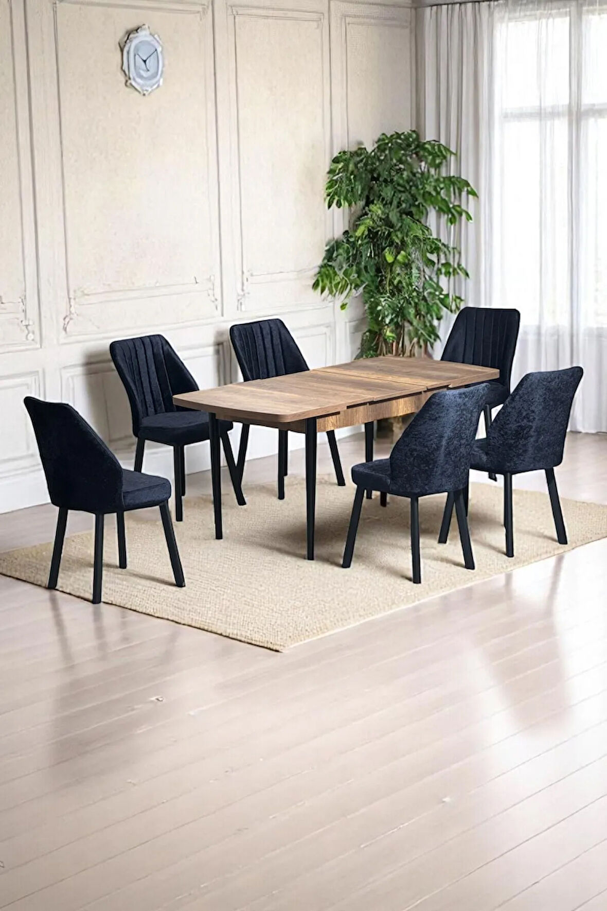 Luna Ceviz 80 x 132 Açılabilen MDF Masa Siyah Metal Ayaklı Mutfak Masası 6 Siyah Sandalye