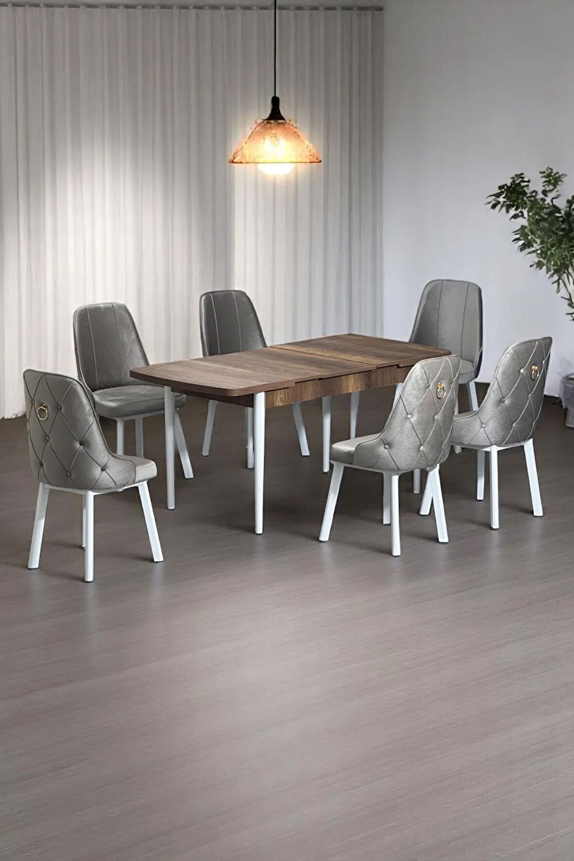 Minel Açılabilen Metal Ayak MDF Mutfak Masası Takımı 6 Cappucino Sandalye 80 x 132