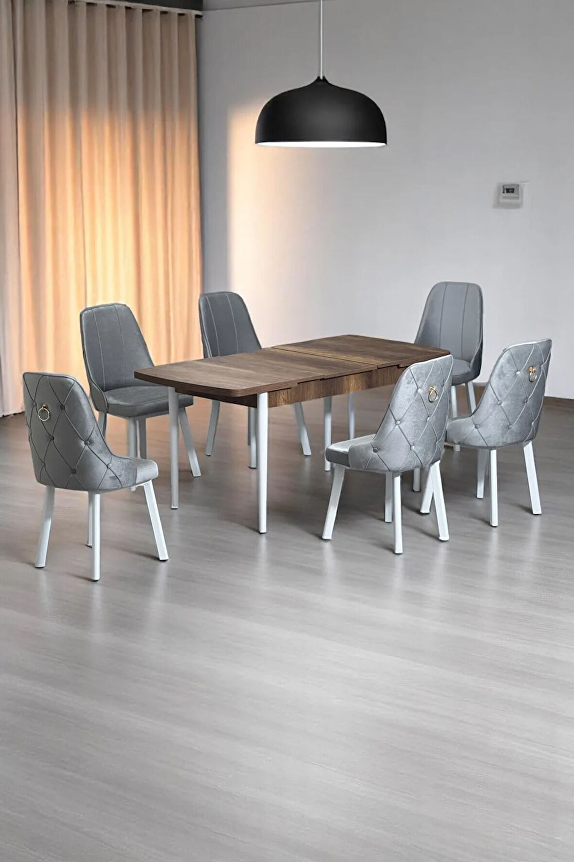 Minel Açılabilen Metal Ayak MDF Mutfak Masası Takımı 6 Gri Sandalye 80 x 132