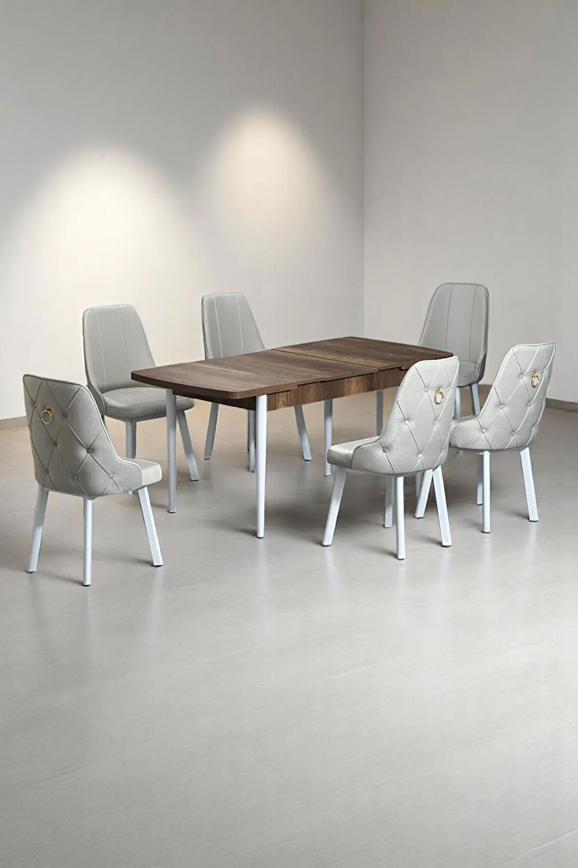 Minel Açılabilen Metal Ayak MDF Mutfak Masası Takımı 6 Krem Sandalye 80 x 132