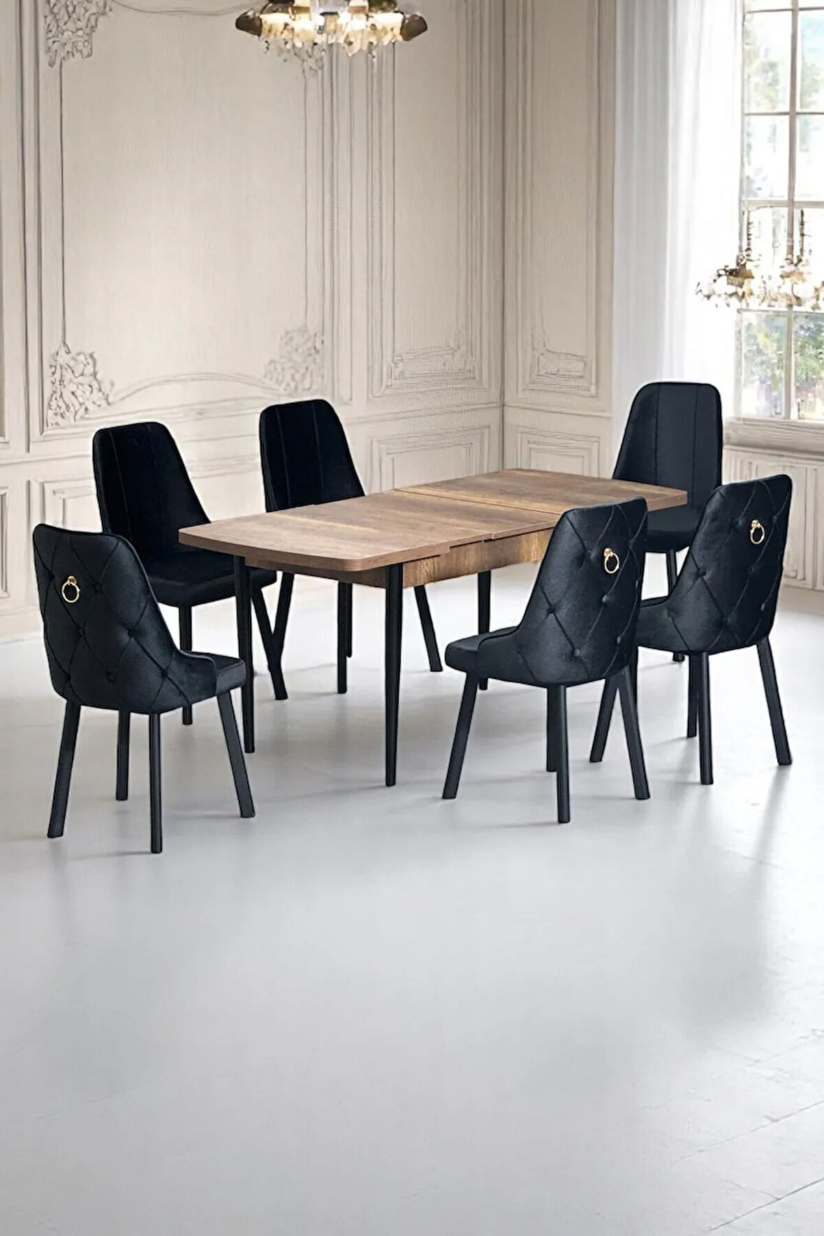 Sonata Ceviz 80 x 132 Açılabilen MDF Masa Siyah Metal Ayaklı Mutfak Masası Takımı 6 Antrasit Gri