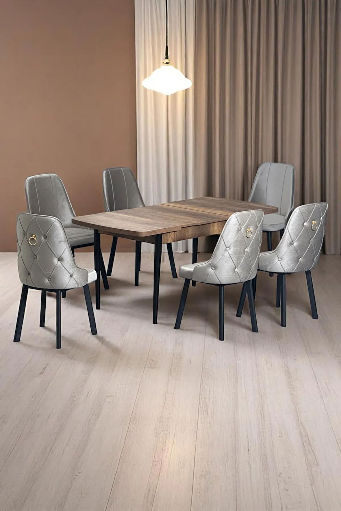 Sonata Ceviz 80 x 132 Açılabilen MDF Masa Siyah Metal Ayaklı Mutfak Masası 6 Cappucino Sandalye