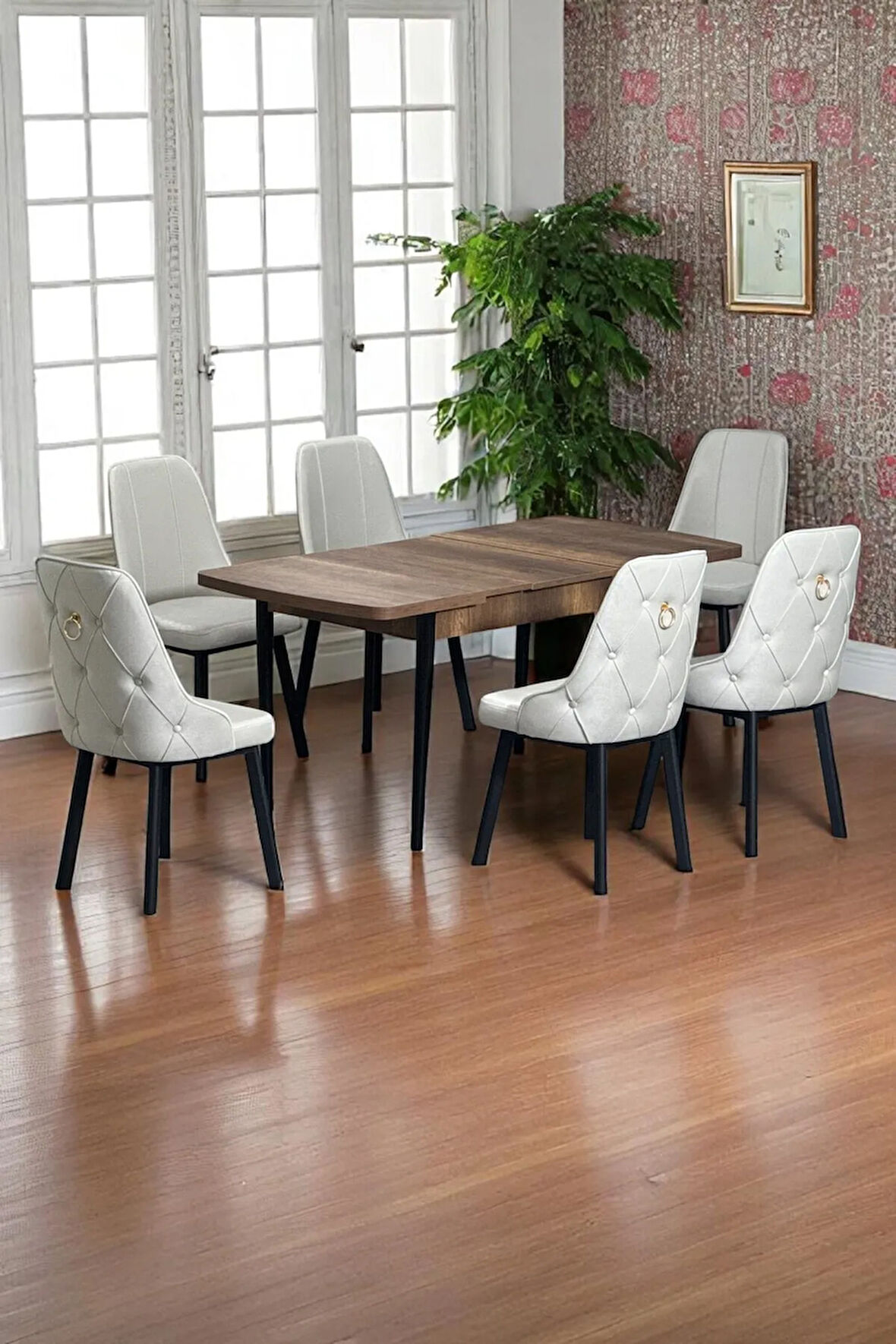 Sonata Ceviz 80 x 132 Açılabilen MDF Masa Siyah Metal Ayaklı Mutfak Masası 6 Krem Sandalye