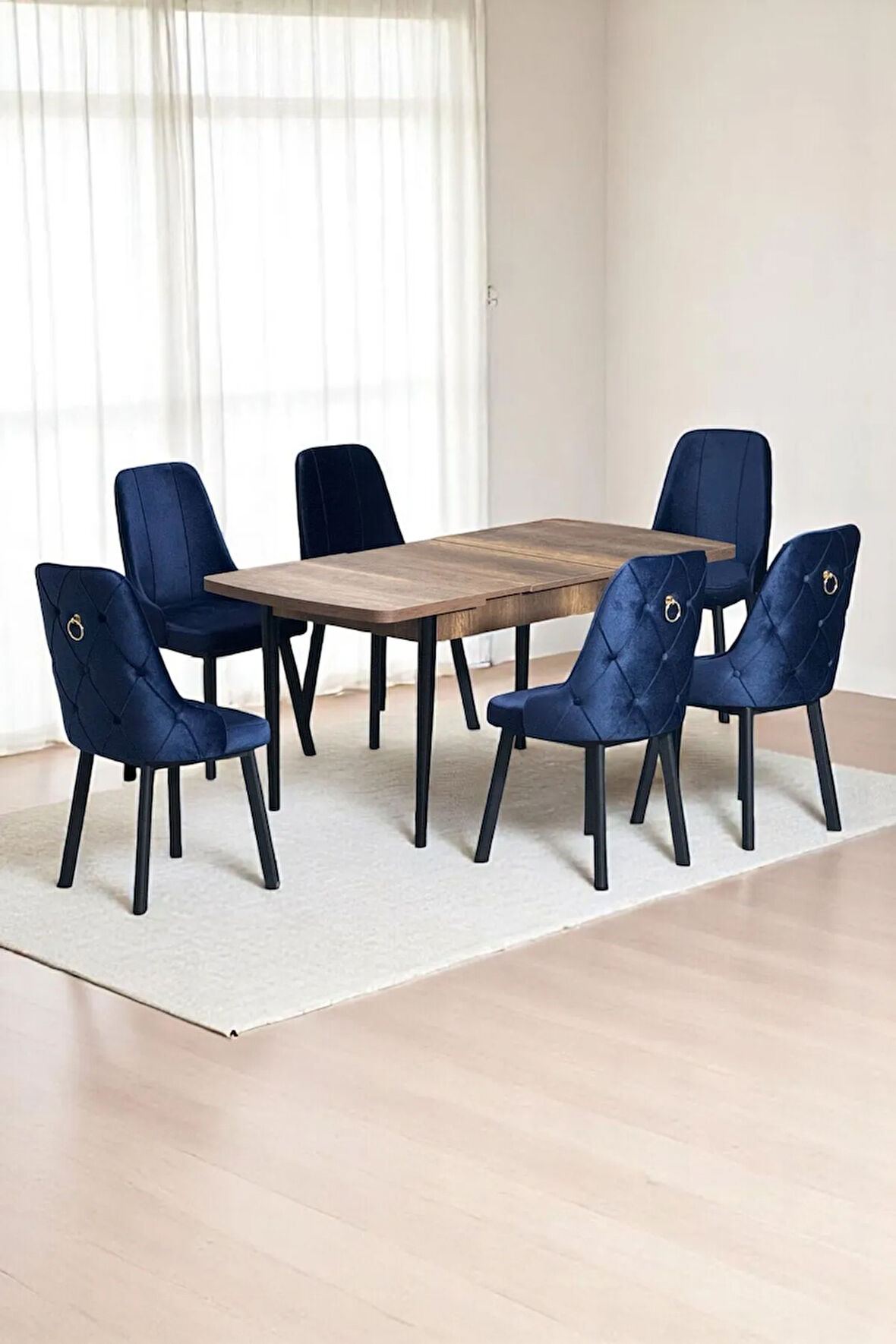 Sonata Ceviz 80 x 132 Açılabilen MDF Masa Siyah Metal Ayaklı Mutfak Masası 6 Lacivert Sandalyeli