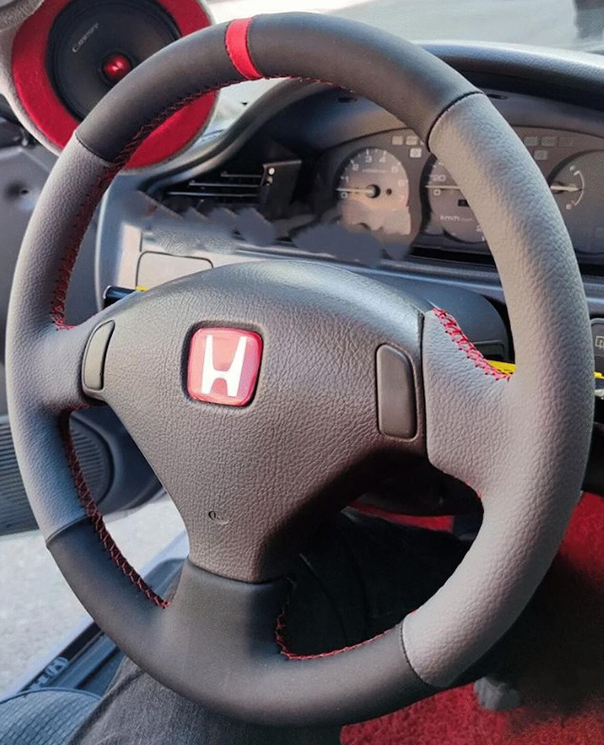 Honda Civic 1992-1995 Araca Özel Direksiyon Kılıfı (alcantra Gri Deri KIRMIZI DİKİŞ)