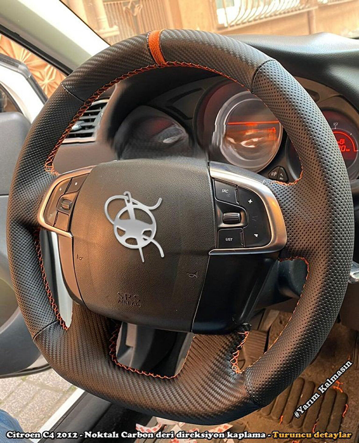 Citroen C4 2012 Araca Özel Direksiyon Kılıfı (NOKTA KARBON TURUNCU YÜZÜK)