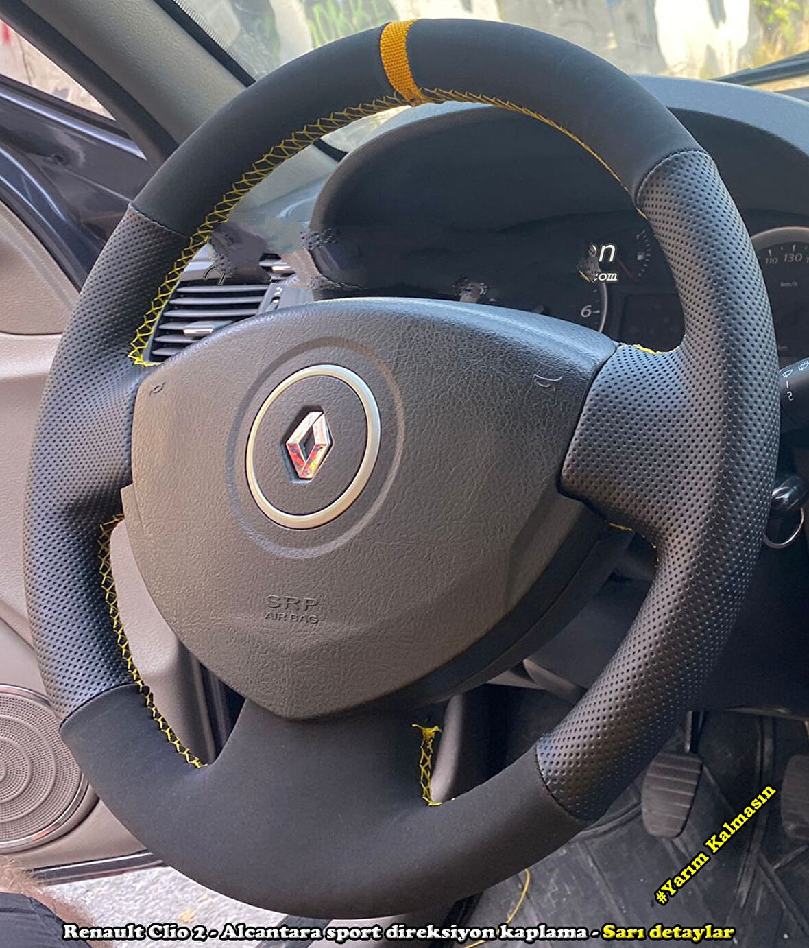 Clio 2 Araca Özel Direksiyon Kılıfı (Noktalı Nubuk SARI Yüzüklü)