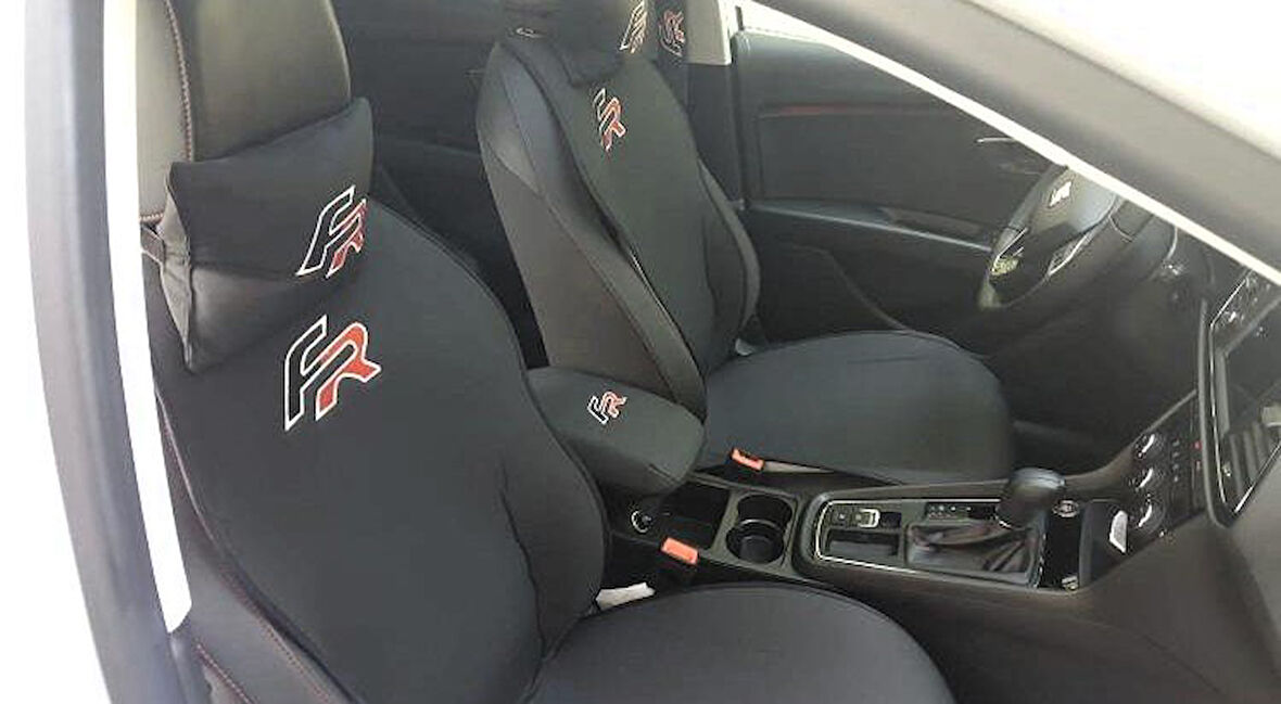 SEAT FR Nakışlı Ön İkili Oto Koltuk Minderi 2 Adet Boyun Yastığı 2 Adet Kemer Pedi SİYAH 