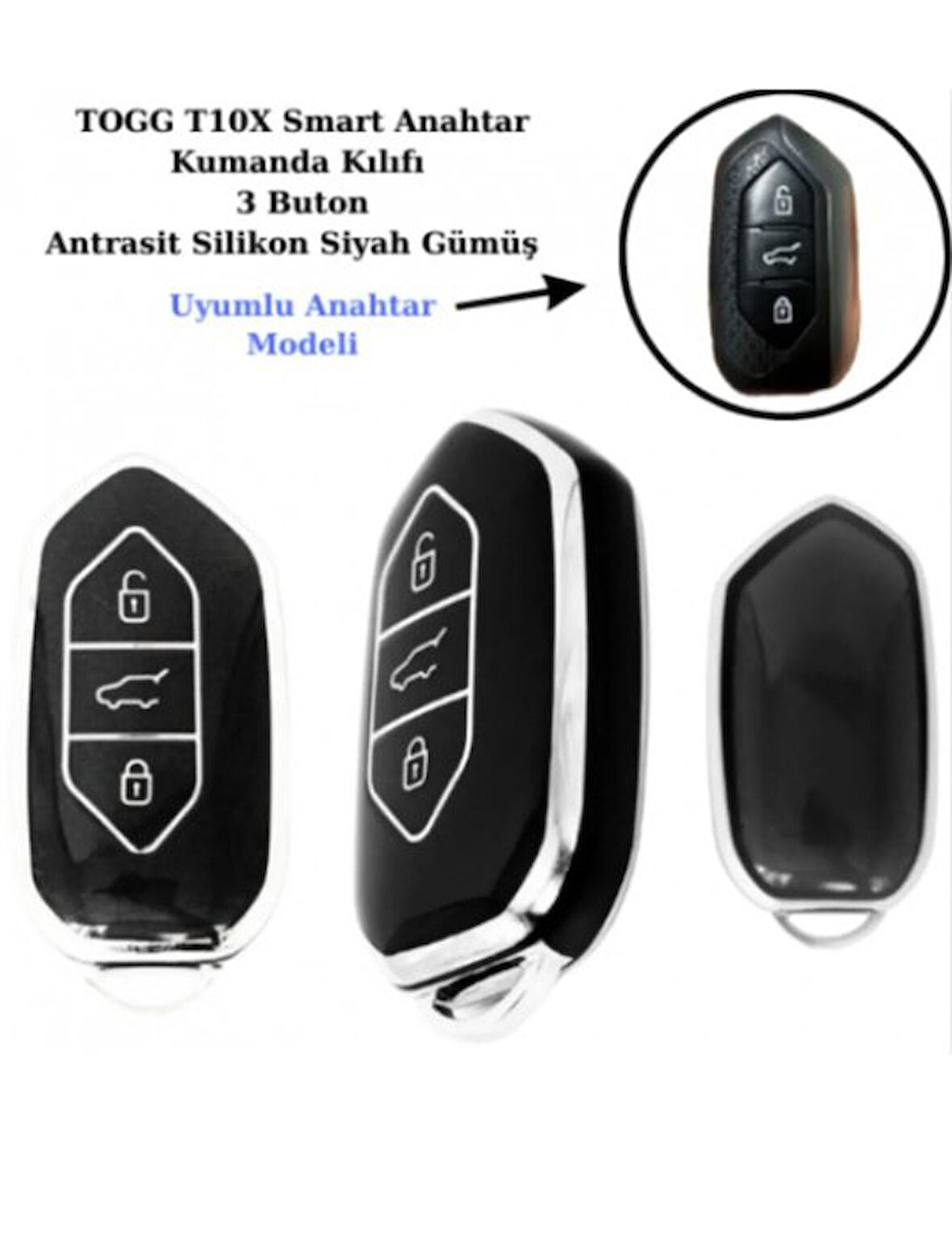 Togg T10x Uyumlu Anahtar Koruma kılıfı Siyah / Gümüş Detaylı Lütfen Anahtar Teyiti Yapınız