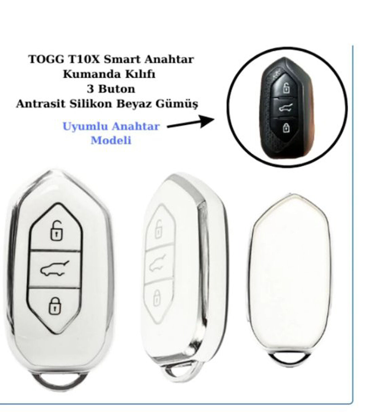 Togg T10x Uyumlu Anahtar Koruma kılıfı Beyaz / Gümüş Detaylı Lütfen Anahtar Teyiti Yapınız
