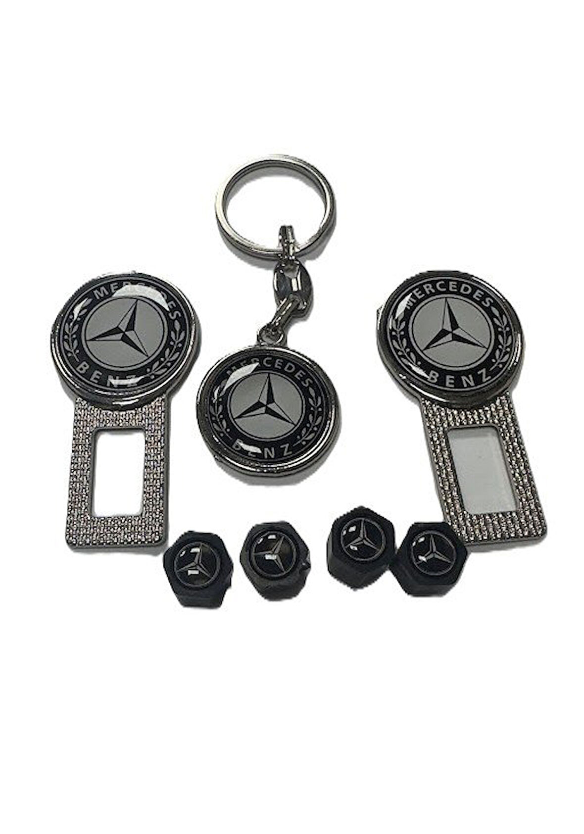 MERCEDES Logolu Ikaz Ses Susturucu Metal Toka 2 Adet ANAHTARLIK 1 ADET SİBOP KAPAĞI 4 ADET