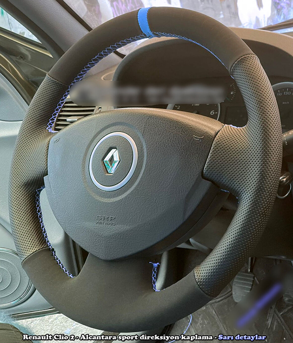 Clio 2 Araca Özel Direksiyon Kılıfı (Noktalı Nubuk Mavi Yüzüklü)