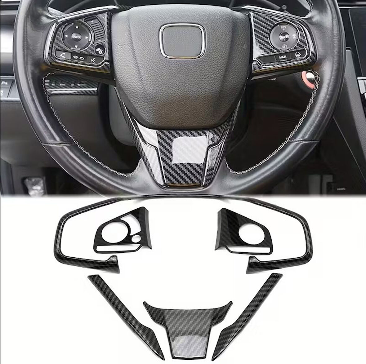 Honda Civic FC5 FK7 Karbon Fiber Direksiyon Düğmesi Kaplama 2016-2020 6 PARÇA
