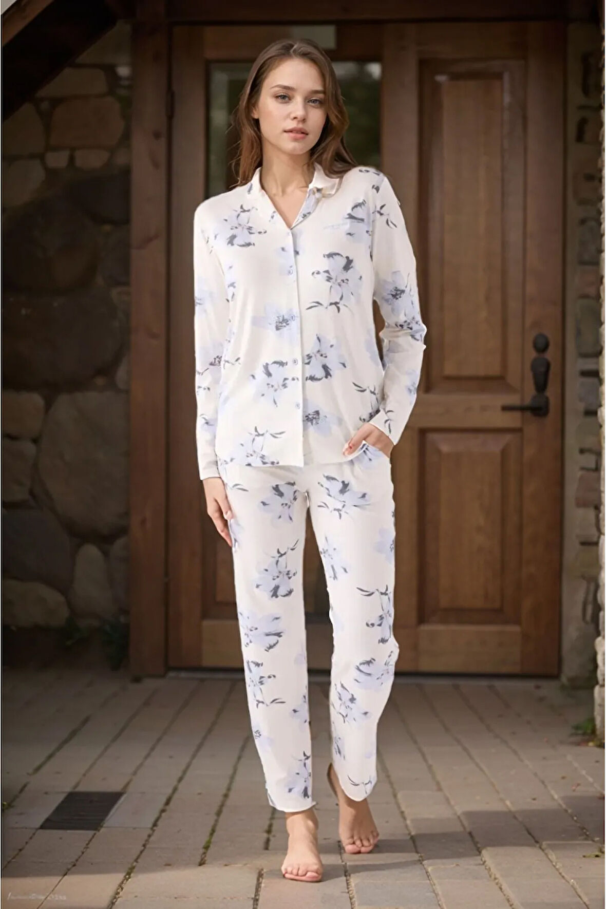 Kadın Ev Giyim Gömlek Yaka Pamuklu 2'li Krem Pijama Takımı LL.PC88.K83.D01