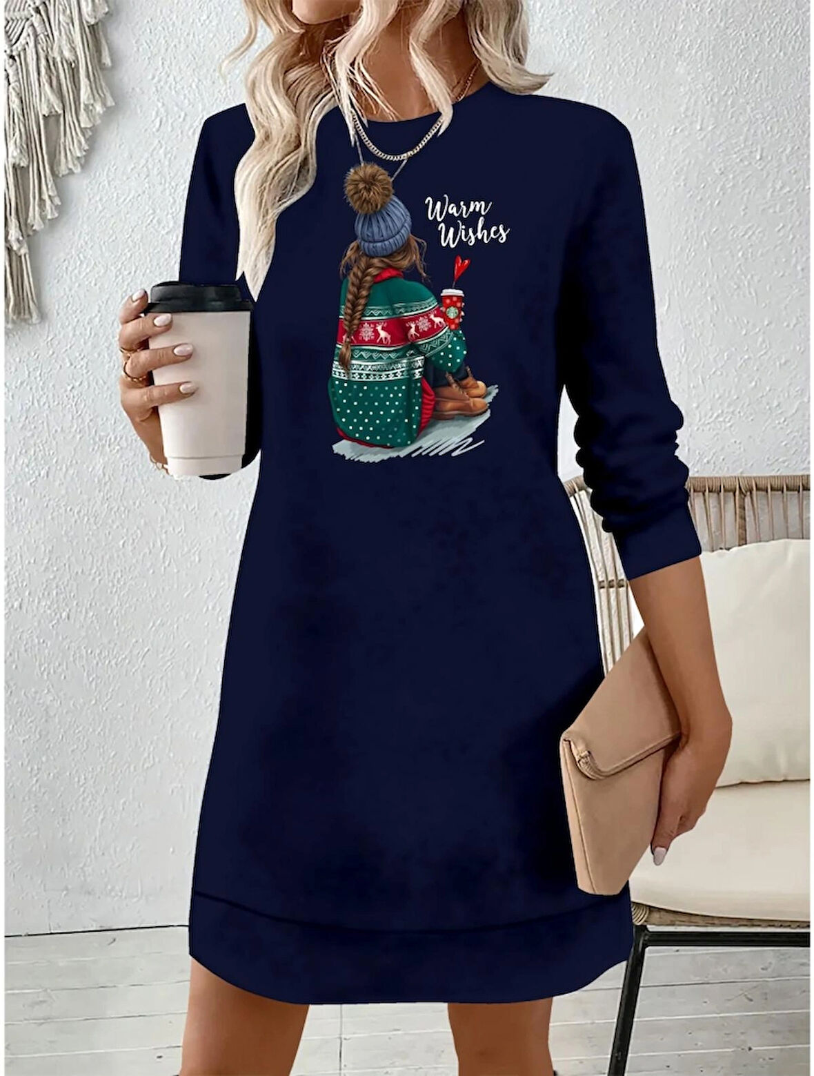 Kadın Bisiklet Yaka Desenli Uzun Kollu Viskon İki İplik Elbise