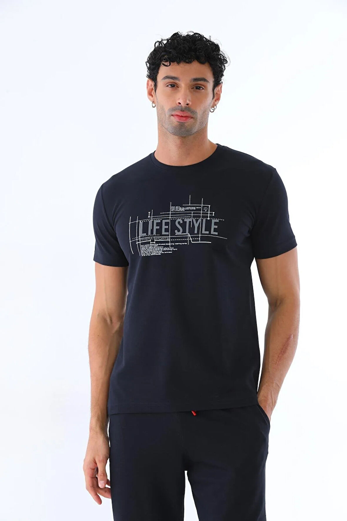 Erkek Lacivert Renk Amerikan Pike Kumaş Bisiklet Yaka Yazı Baskılı Kısa Kol T-shirt - 138