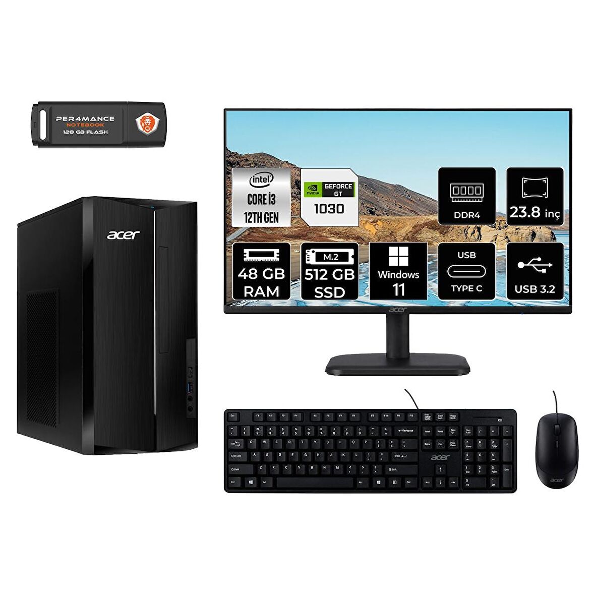 Acer Aspire TC1760 i3 12100 48GB 512GB SSD GT1030/4GB W11H DT.BHUEM.004 MASAÜSTÜ PC & 23.8" MONİTÖR