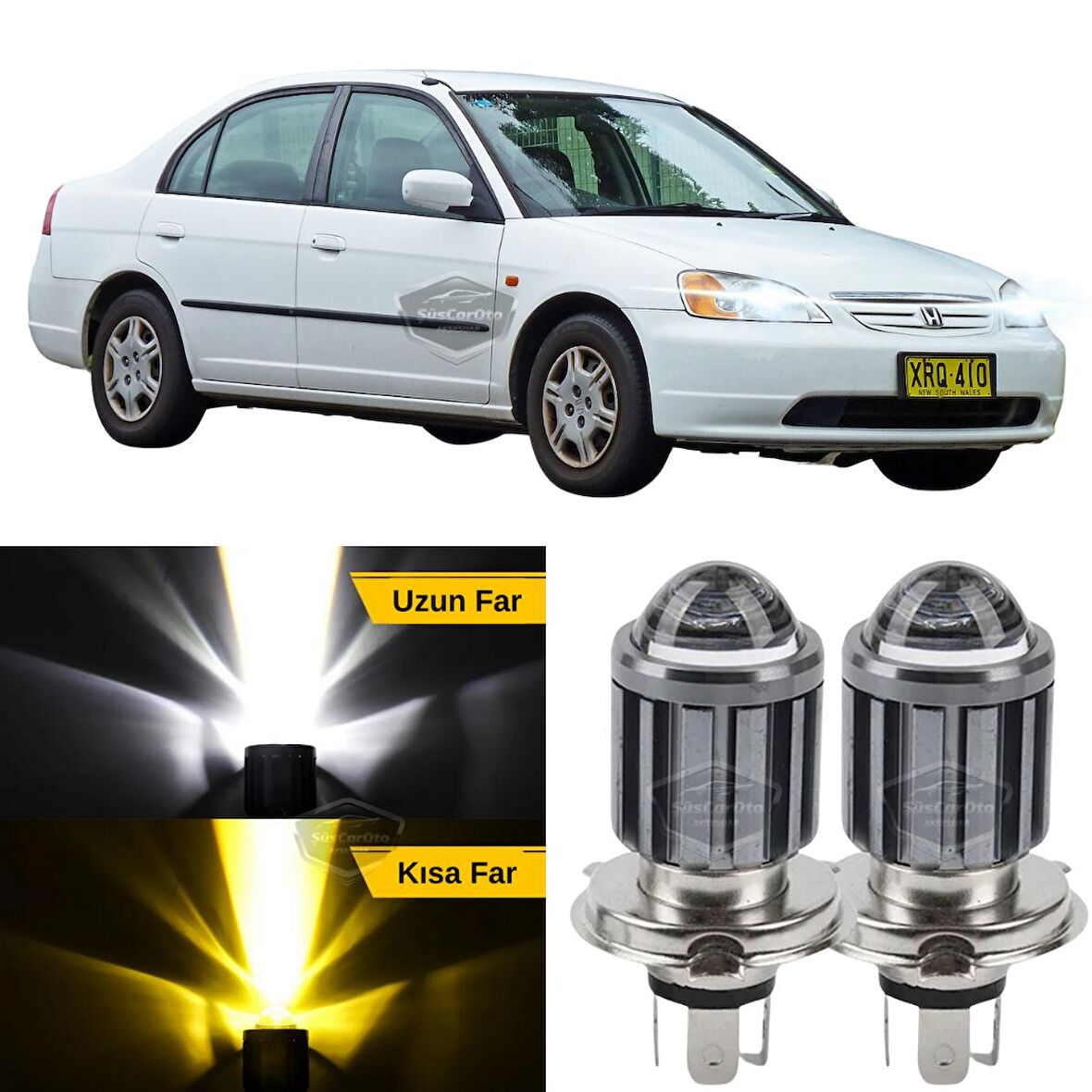 Honda Civic Vtec1 2001-2004 Makyajsız Kasa İle Uyumlu Mercekli Far Ampulü Led Xenon Çift Renk Sarı-Beyaz Far Şimşek Etkili CSP Led Lamba Uzun Kısa 2 Adet Takım