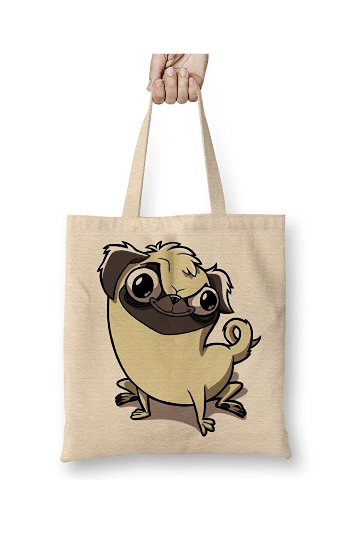 Pug Köpek Dog Pet Sevimli Cute Beyaz Bez Çanta Uzun Saplı Alışveriş Çantası Plaj Çantası