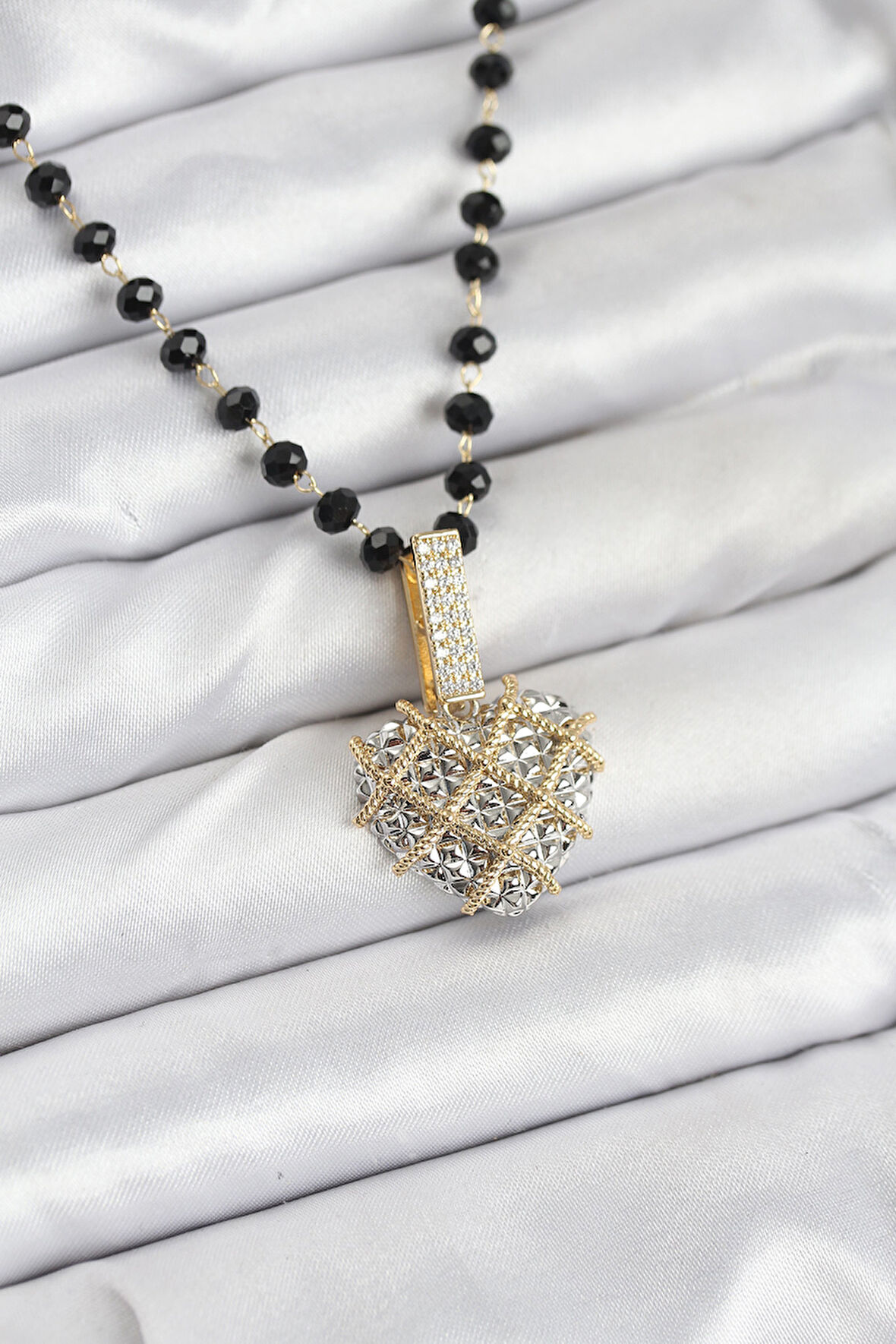 316L Çelik Zincir Kristal Boncuklu Kalpli Kadın Kolye